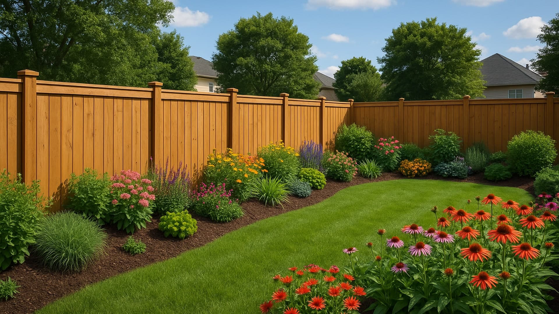 Secure wooden backyard fence with a vibrant garden in Highlands, TX.