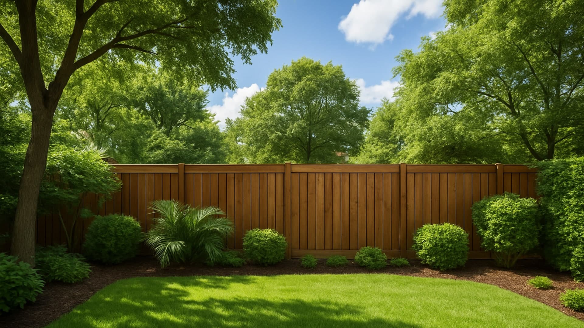 Suburban backyard with a high security wooden fence.