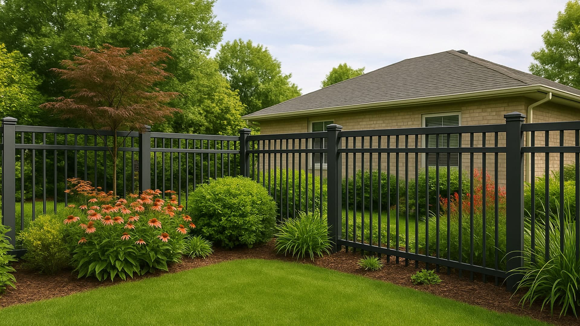 A suburban backyard featuring a stylish security fence.