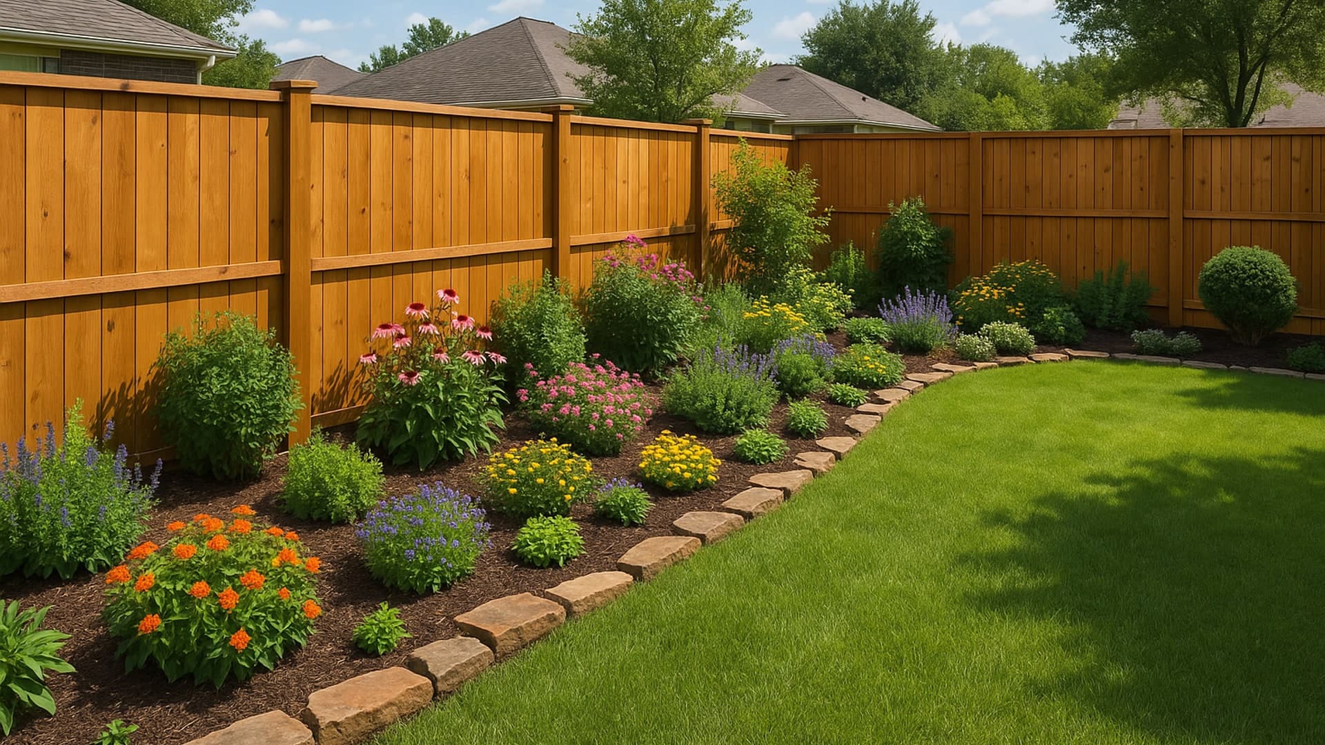 Backyard security fencing in North Shore, TX with a garden view.