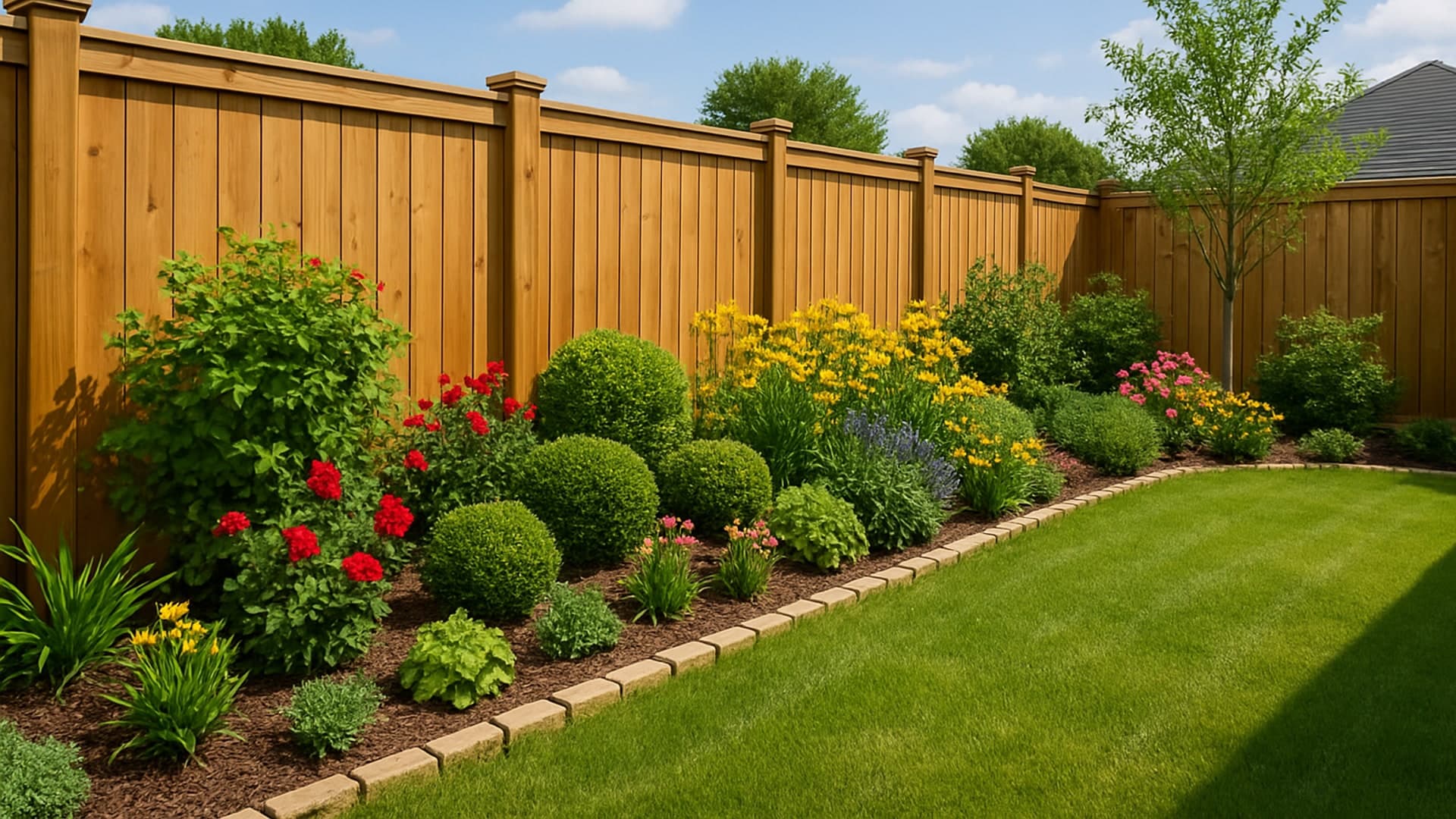 Backyard security fencing in Pasadena, TX with a lush garden.