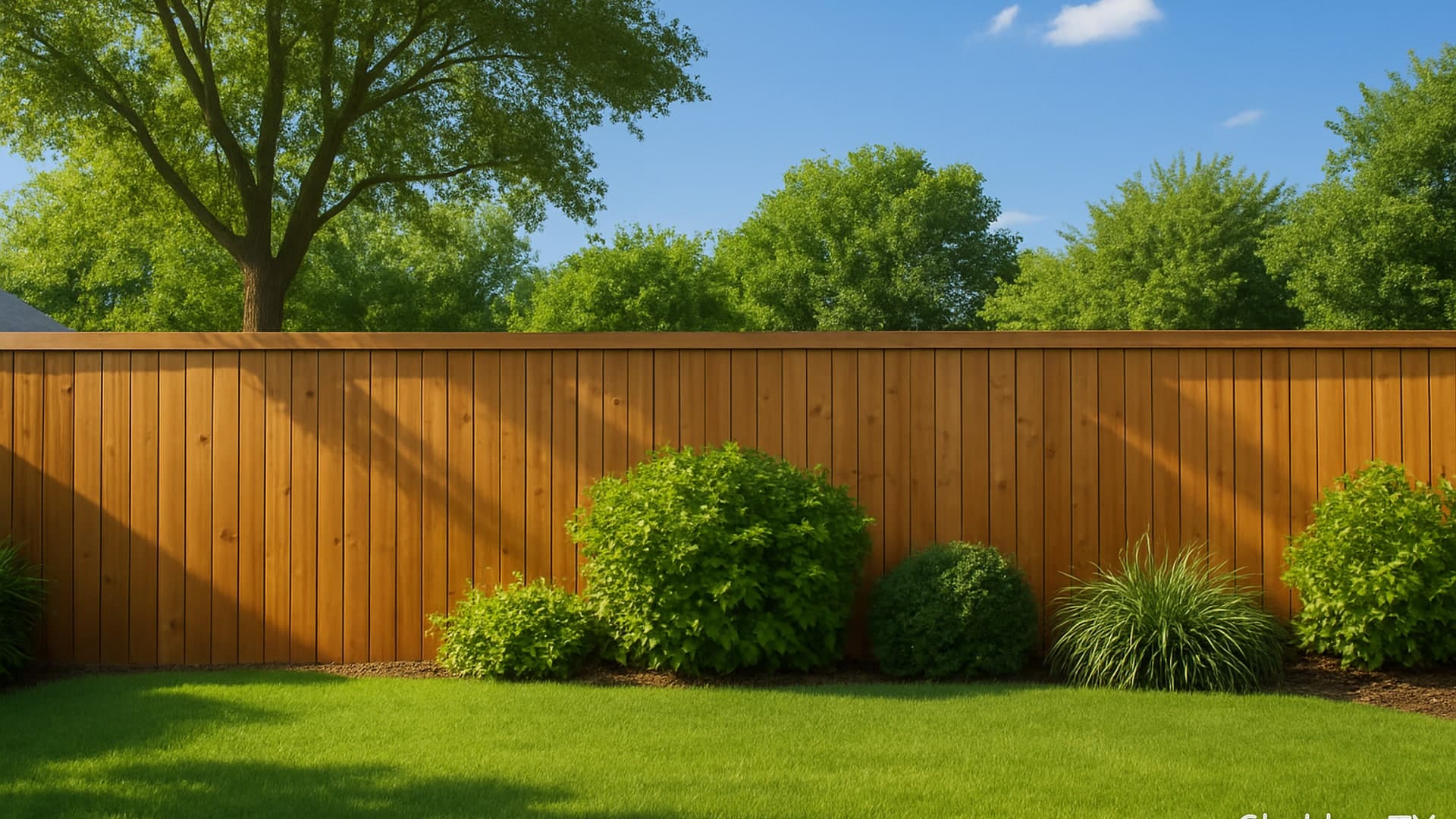 A wooden backyard security fence in a Sheldon, TX, neighborhood with a green lawn.