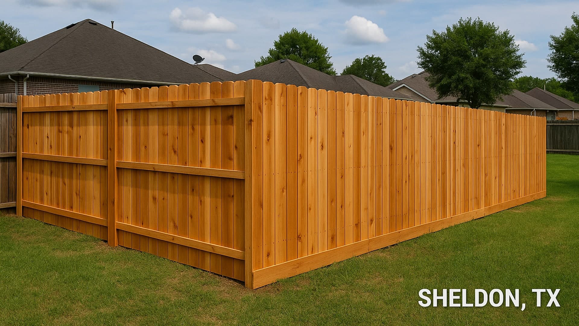 New cedar fence in a suburban neighborhood in Sheldon, TX