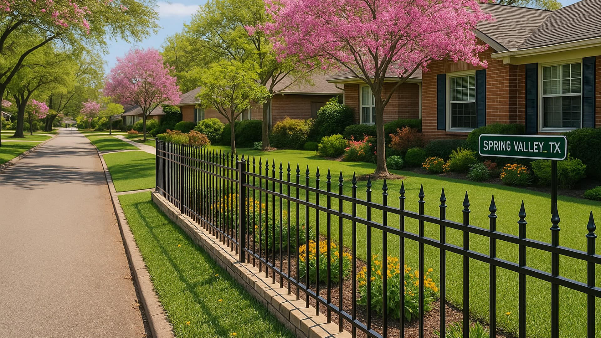 A beautiful residential yard in Spring Valley, TX featuring a wrought iron fence.