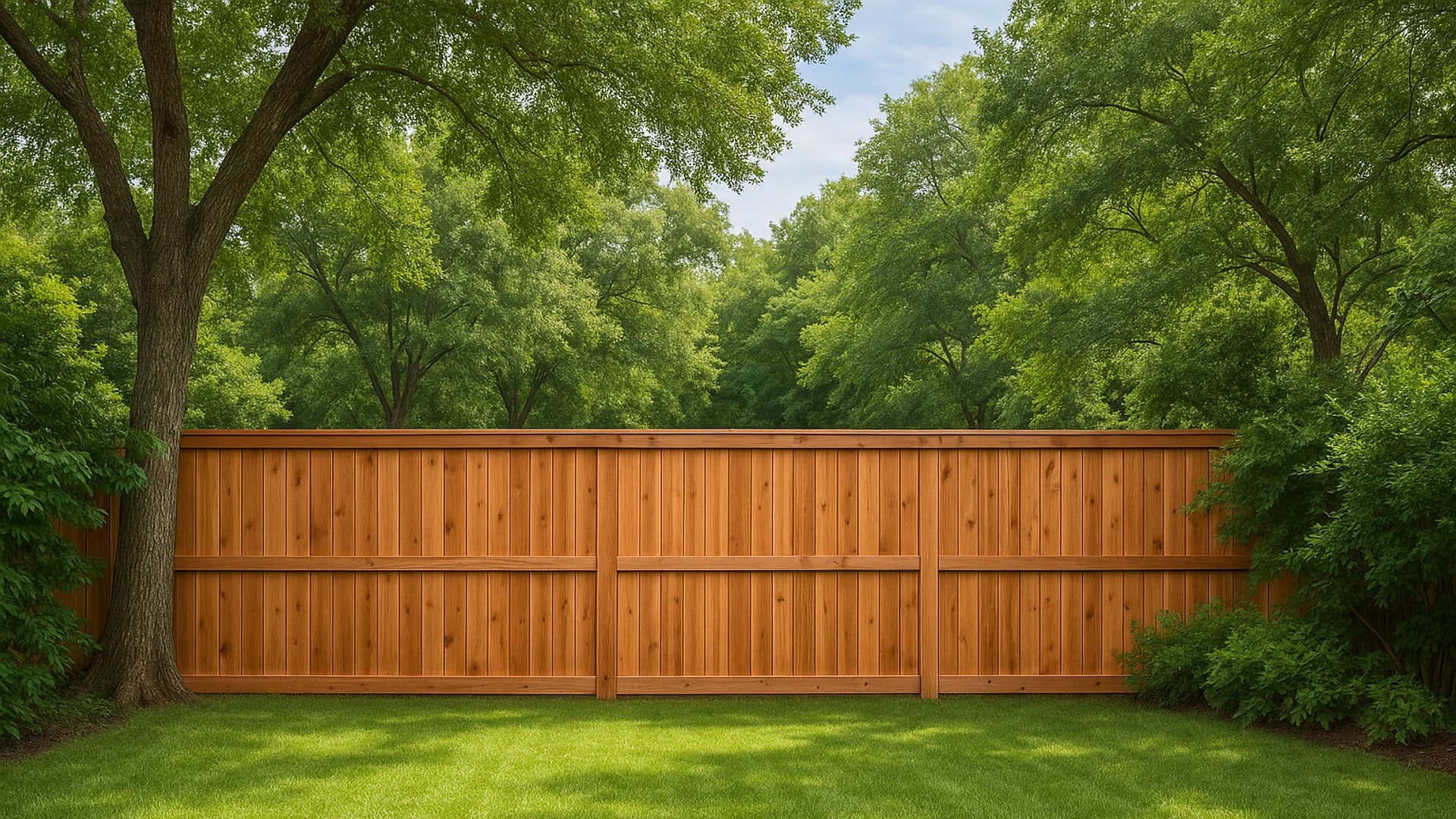 Newly installed cedar fence in a Mont Belvieu, TX backyard