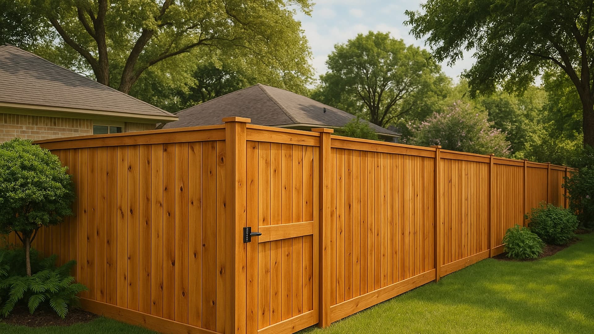 Cedar fence in Baytown, TX with a gate and natural landscape.