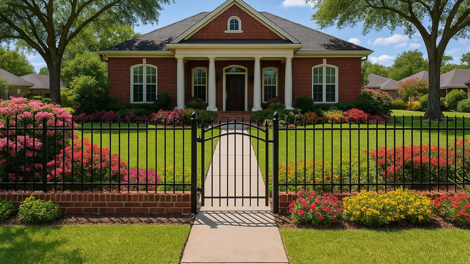 Wrought iron fence in La Porte, TX with lush greenery.