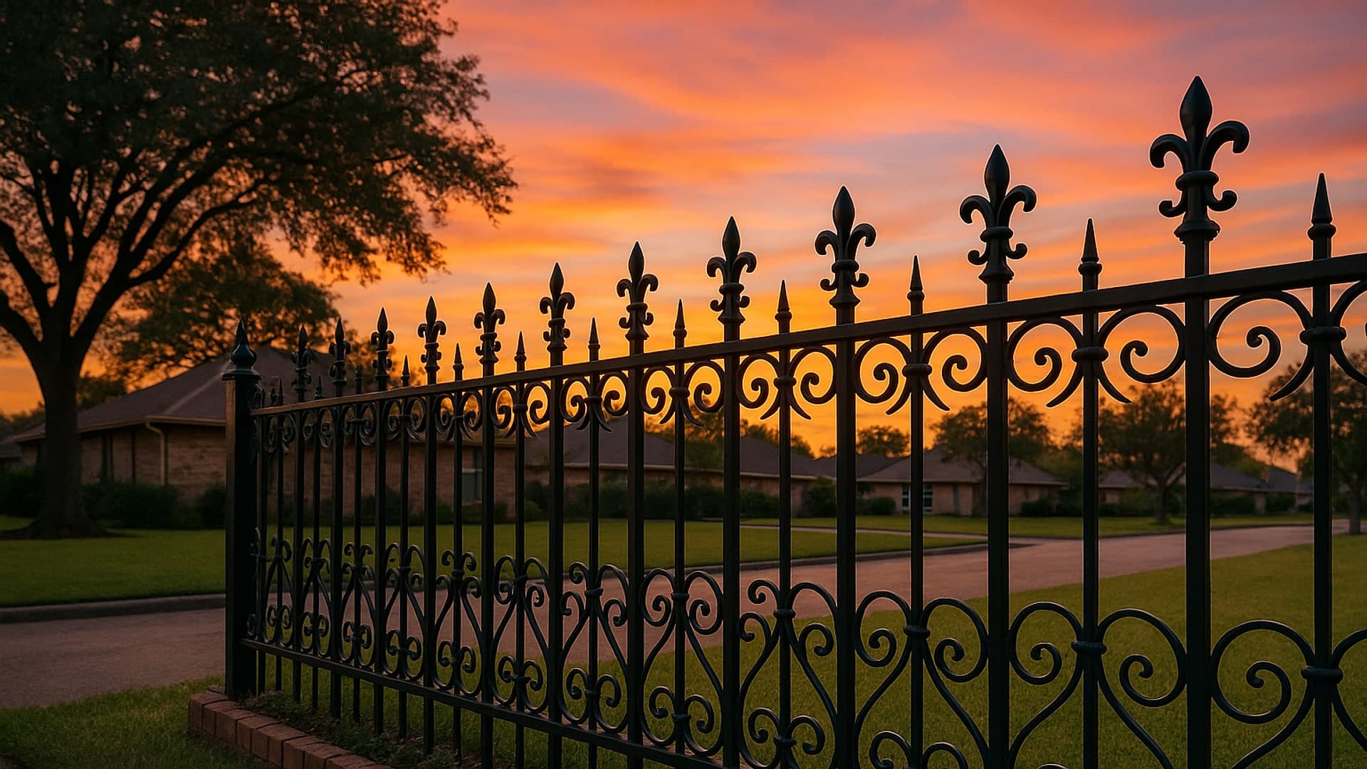 Wrought iron fence beautifully enclosing a Pasadena, TX garden.