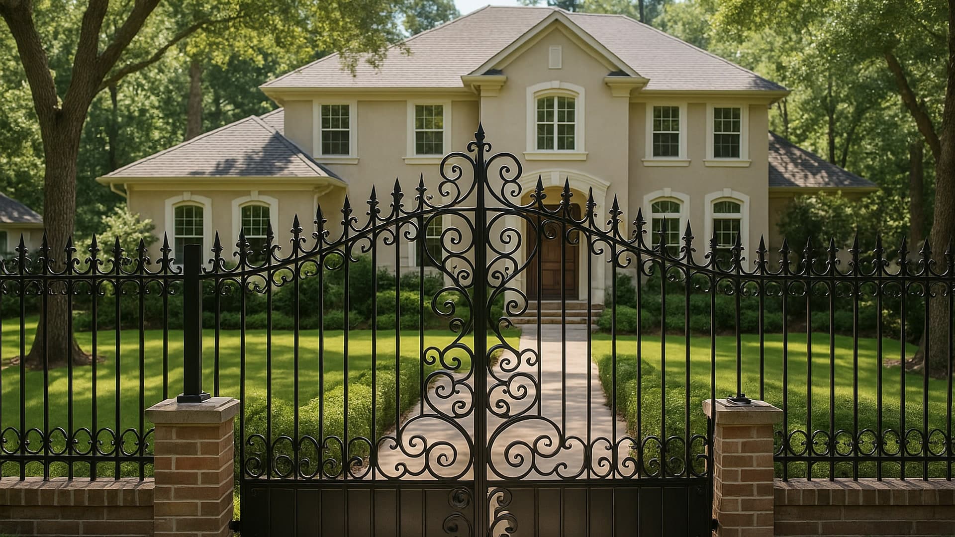 Wrought iron fence in The Woodlands, TX, enhancing home design.