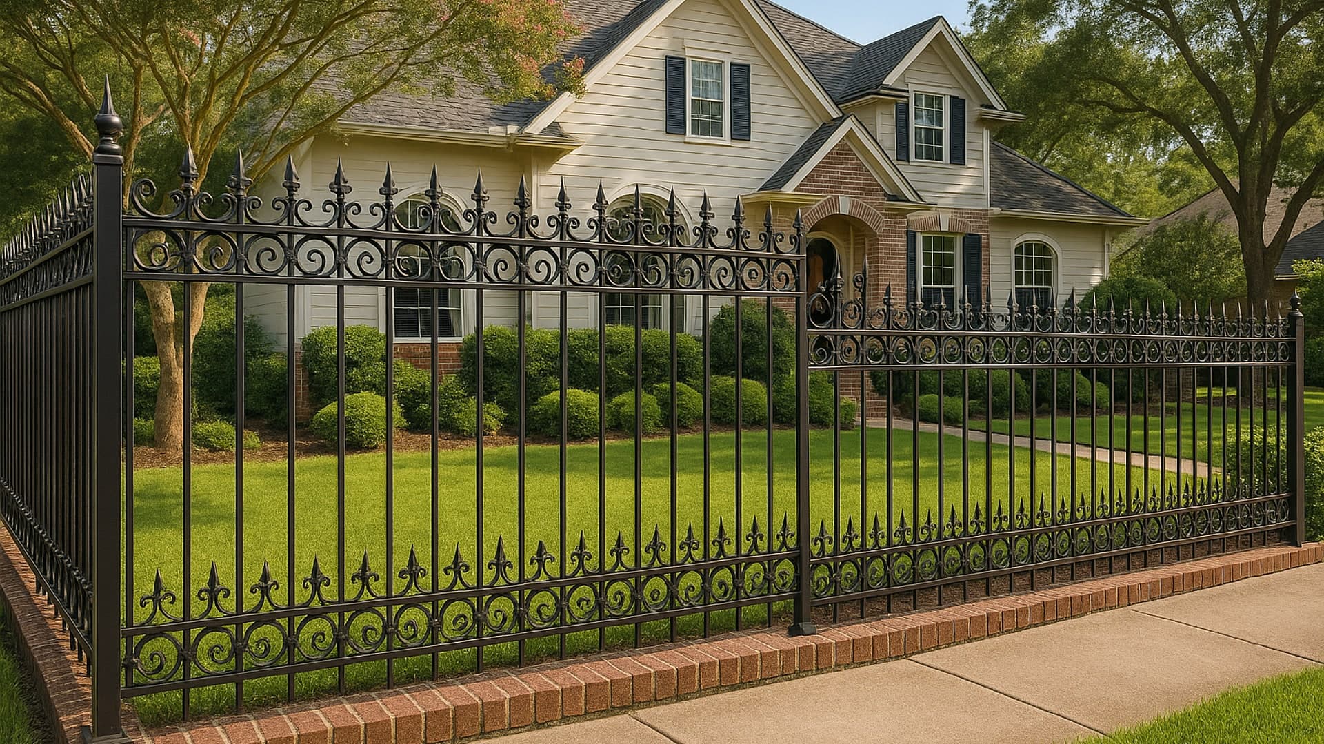 A stylish wrought iron fence in Friendswood, TX, with manicured landscaping.