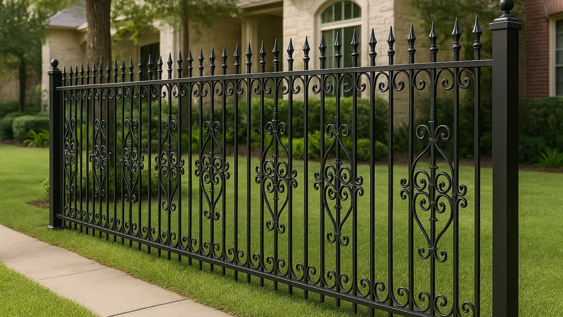 Wrought iron fence enhancing the landscape in The Woodlands, TX