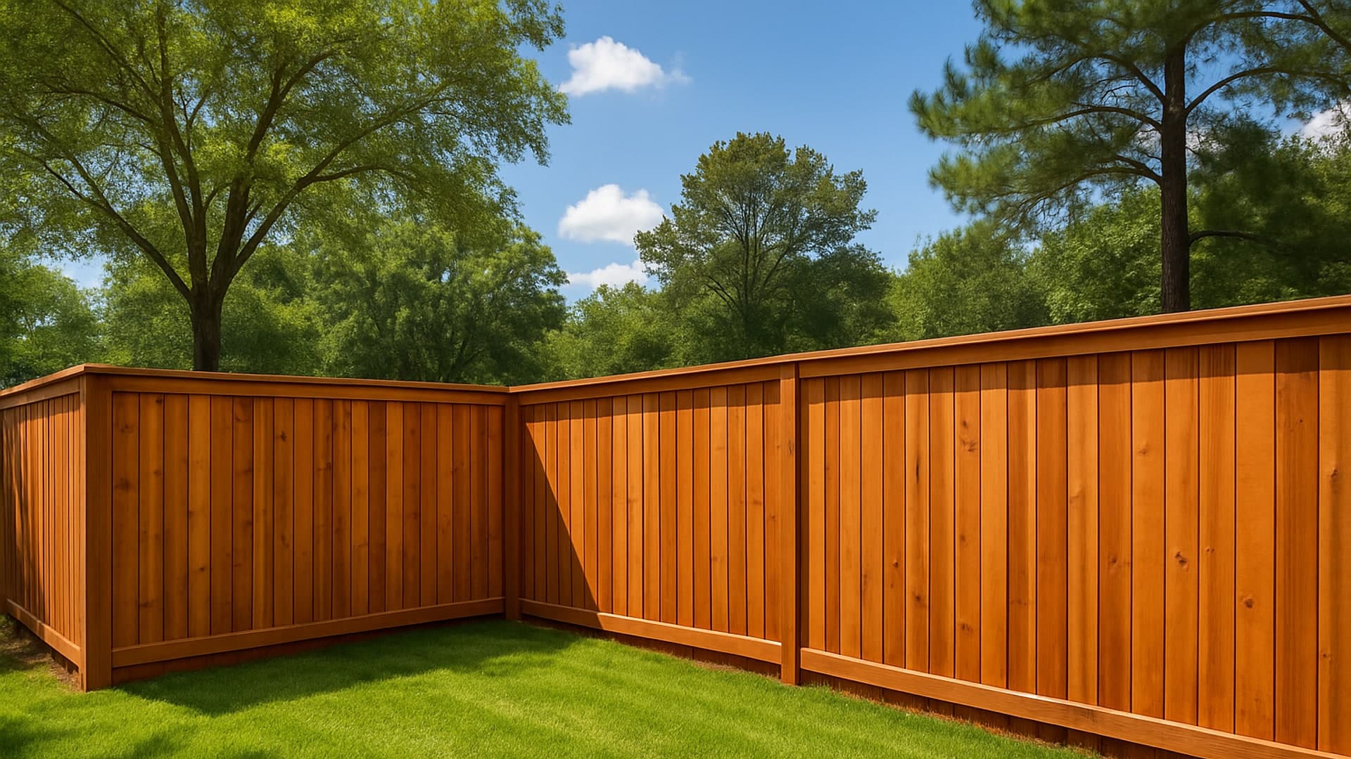 Beautiful cedar fence in a sunny backyard in Conroe, TX