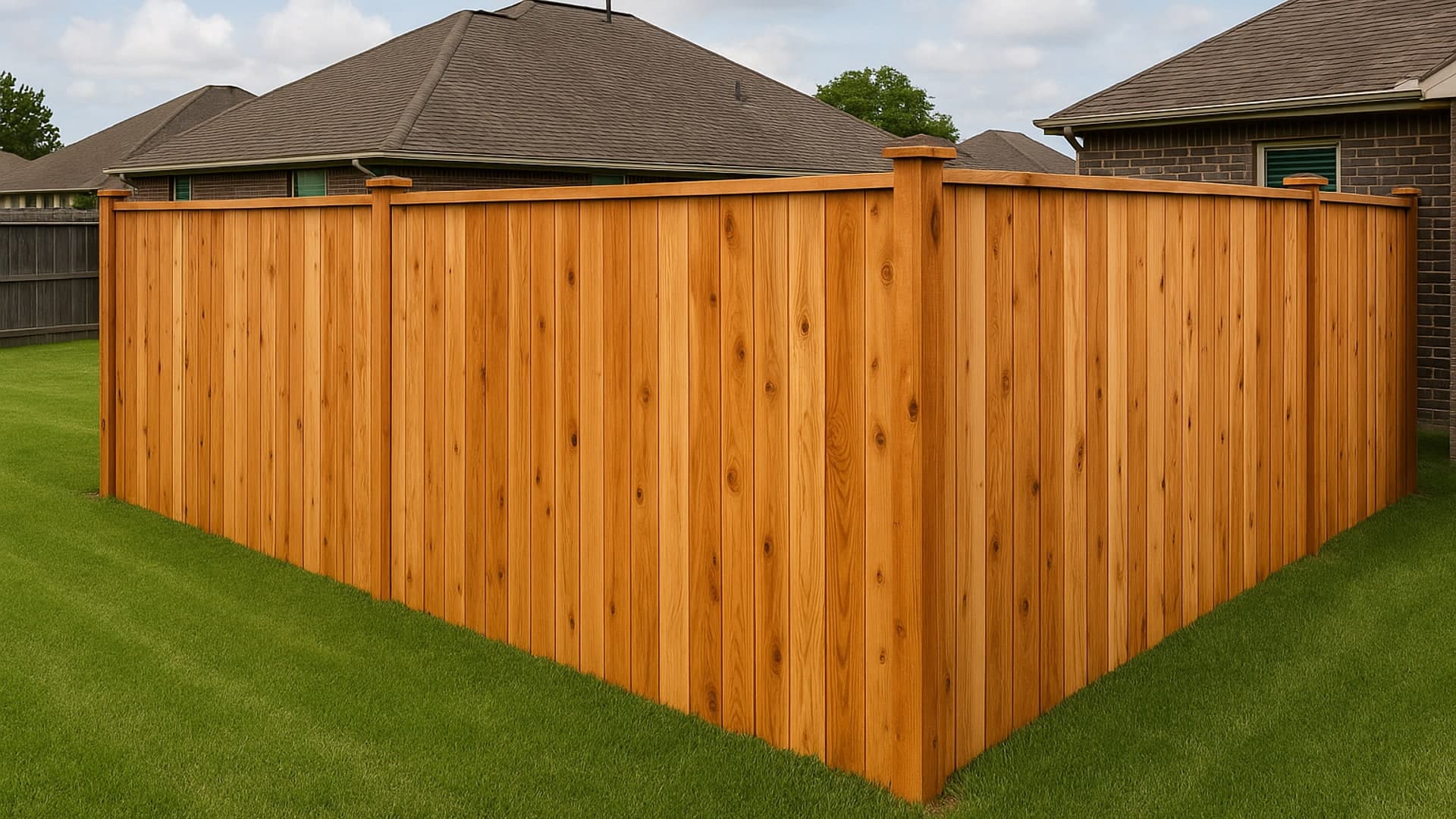 Cedar fence installation in a Baytown, TX neighborhood
