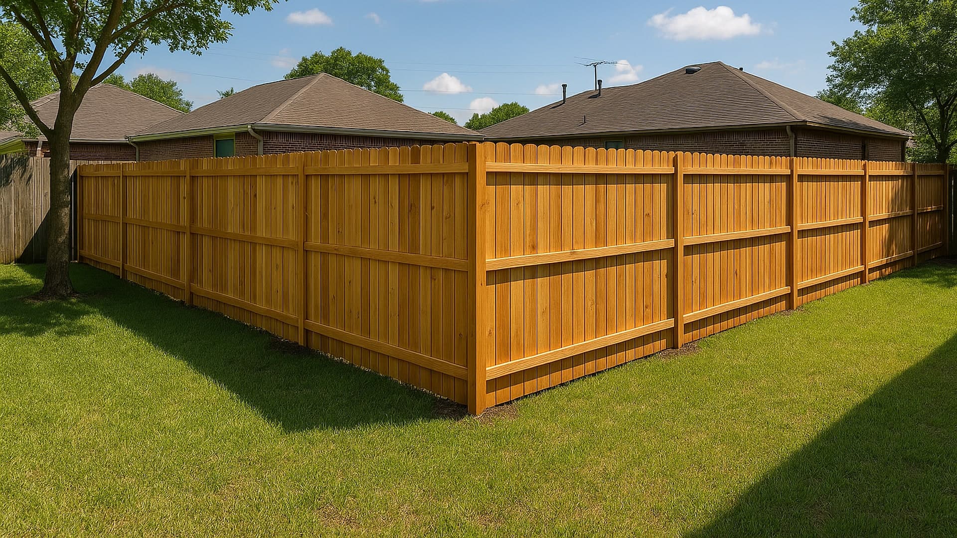 A newly installed wooden privacy fence in a Galena Park backyard.