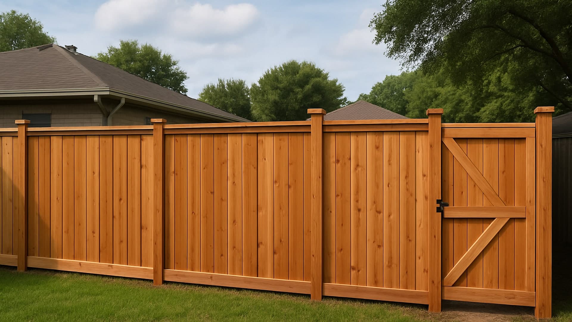 Freshly installed cedar fence in South Houston with matching gate.