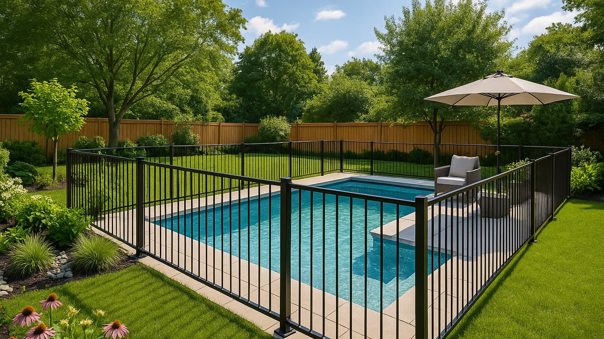 A fenced pool area in a Cloverleaf backyard, demonstrating pool safety and privacy.