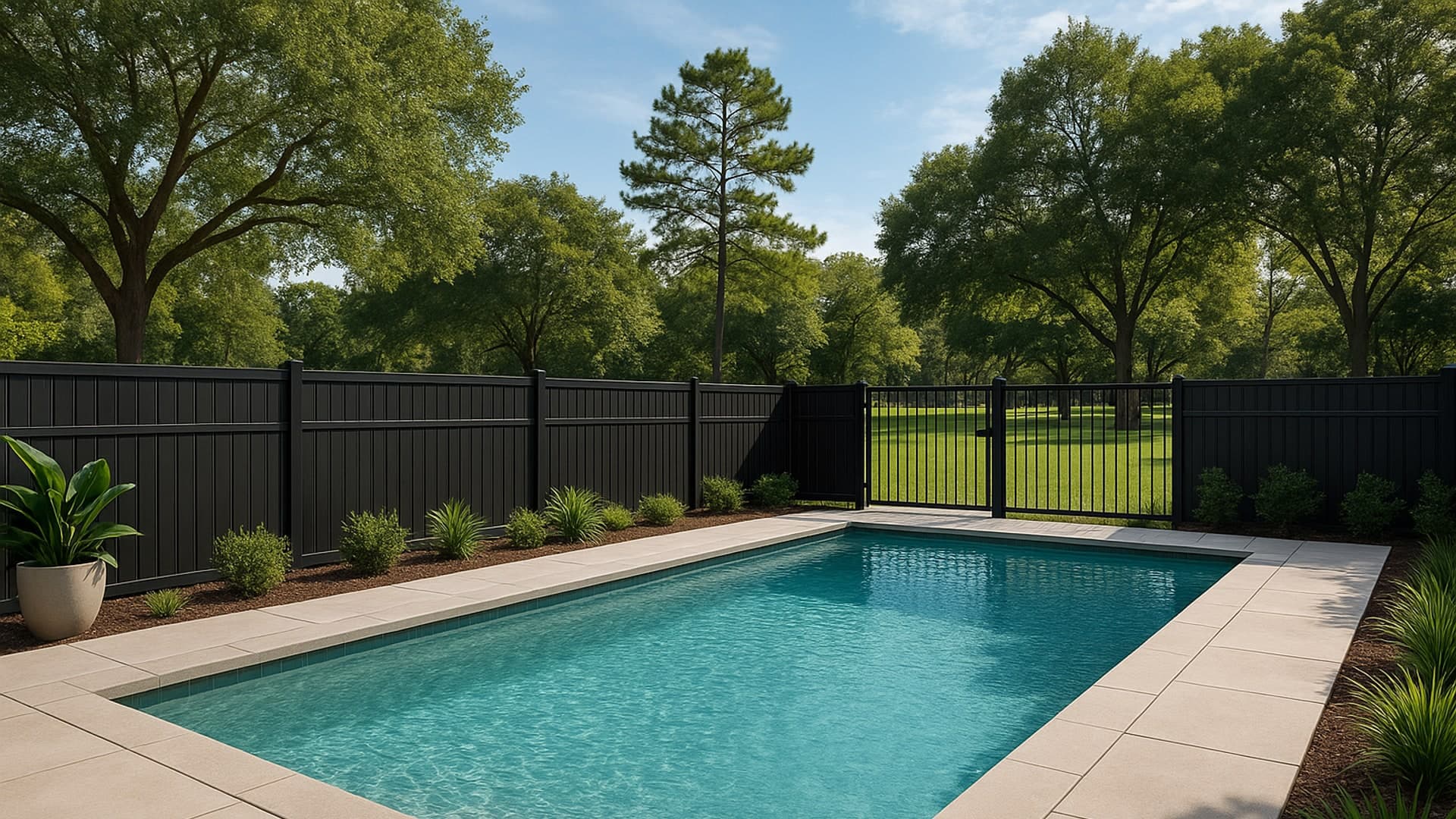 Backyard pool with a stylish safety fence in Deer Park, TX.