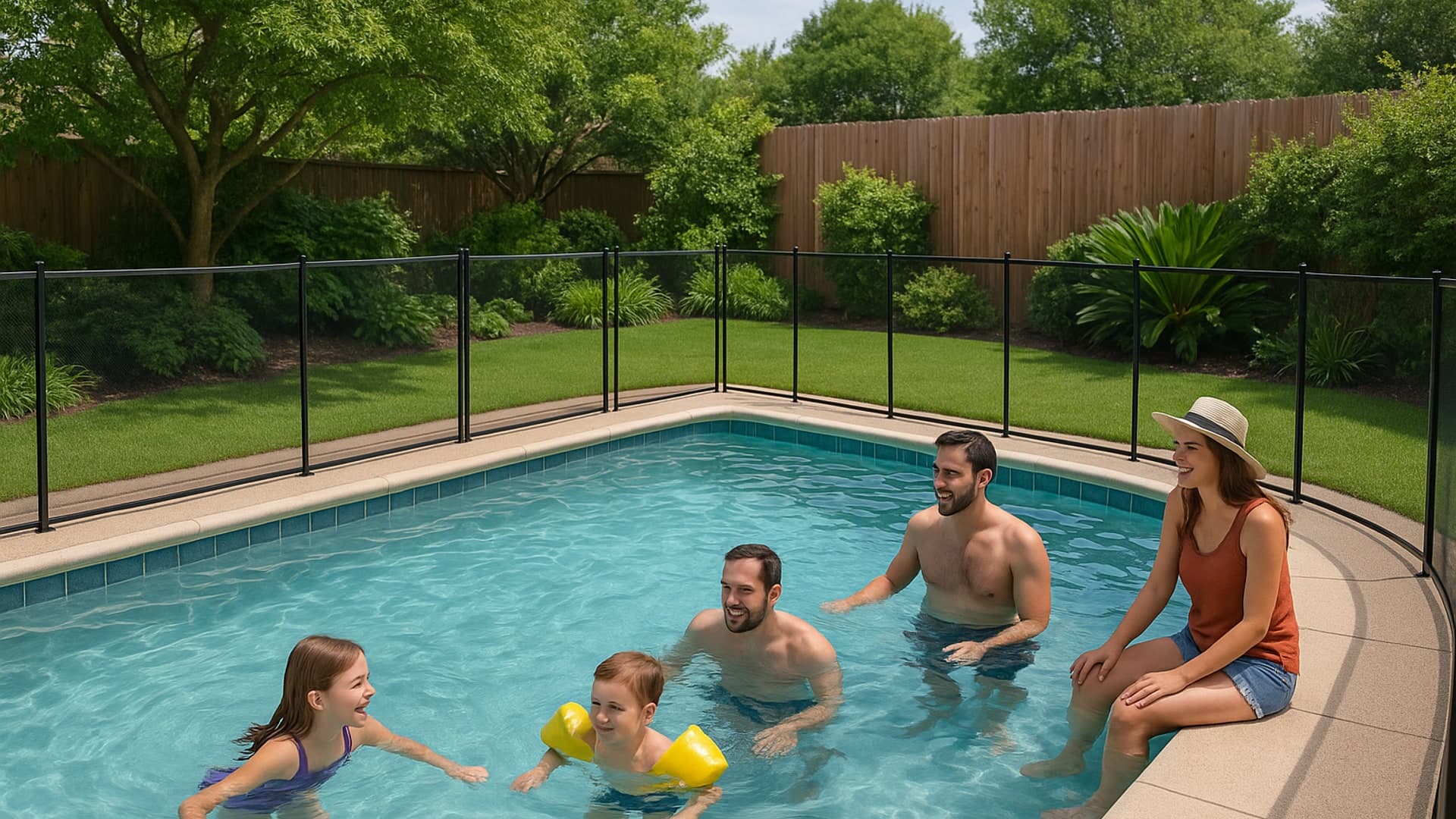 A pool fenced for safety in La Porte, TX with a family enjoying their backyard.