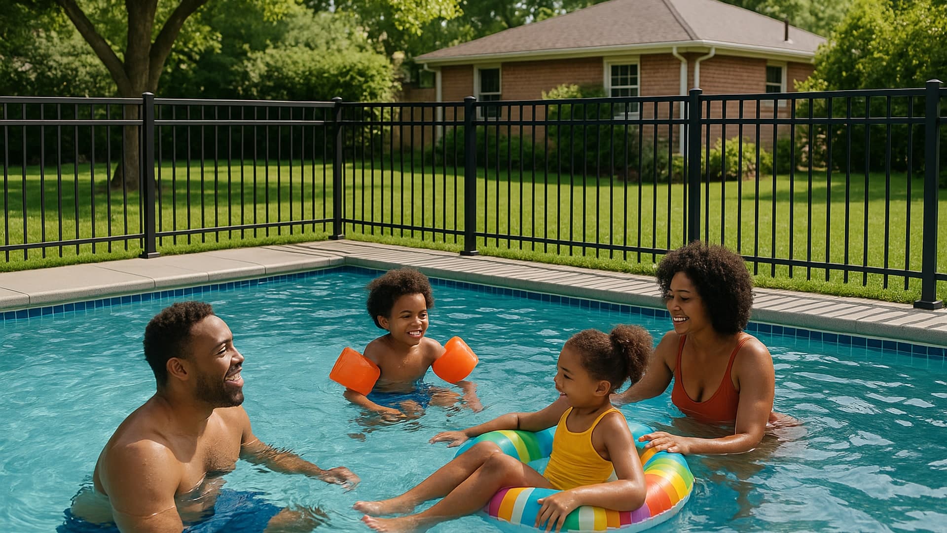 A secure and attractive pool fence surrounding a backyard pool