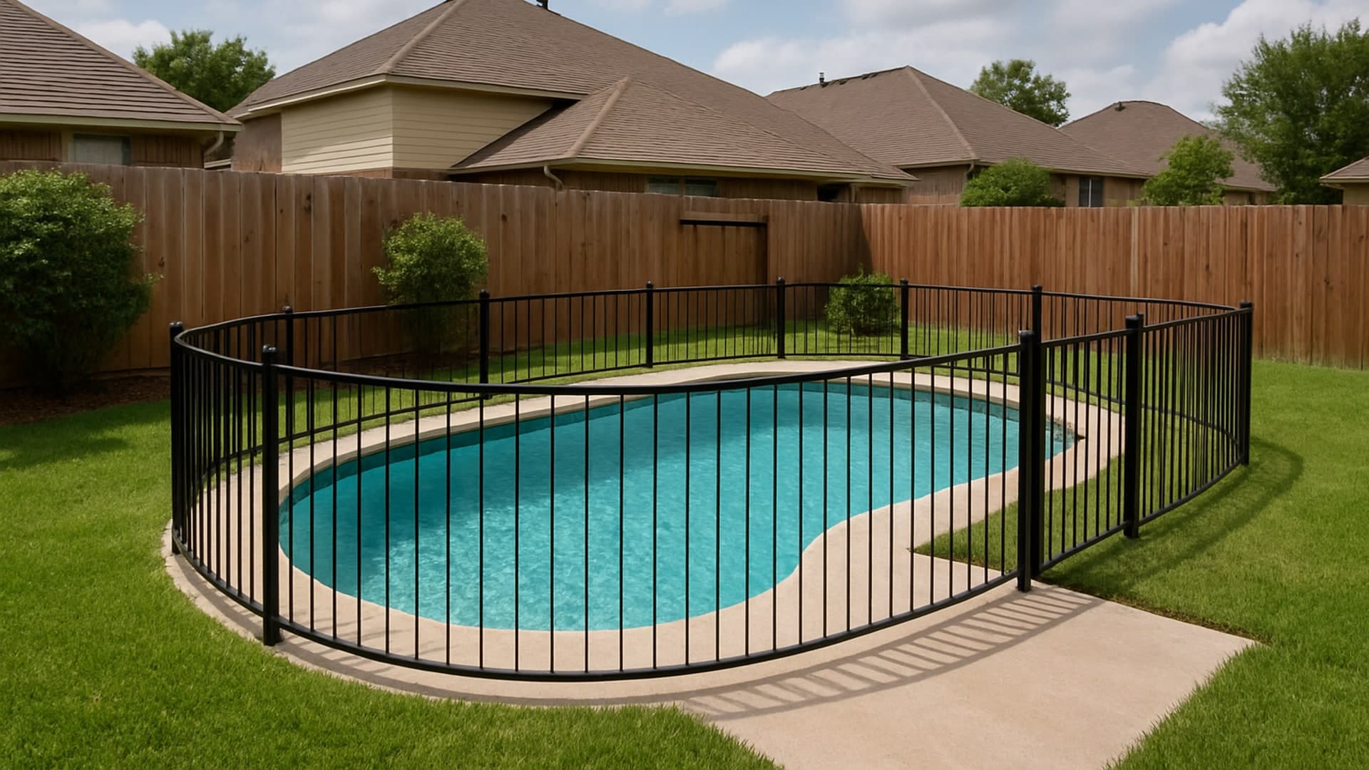 Backyard pool with safety fence in South Houston