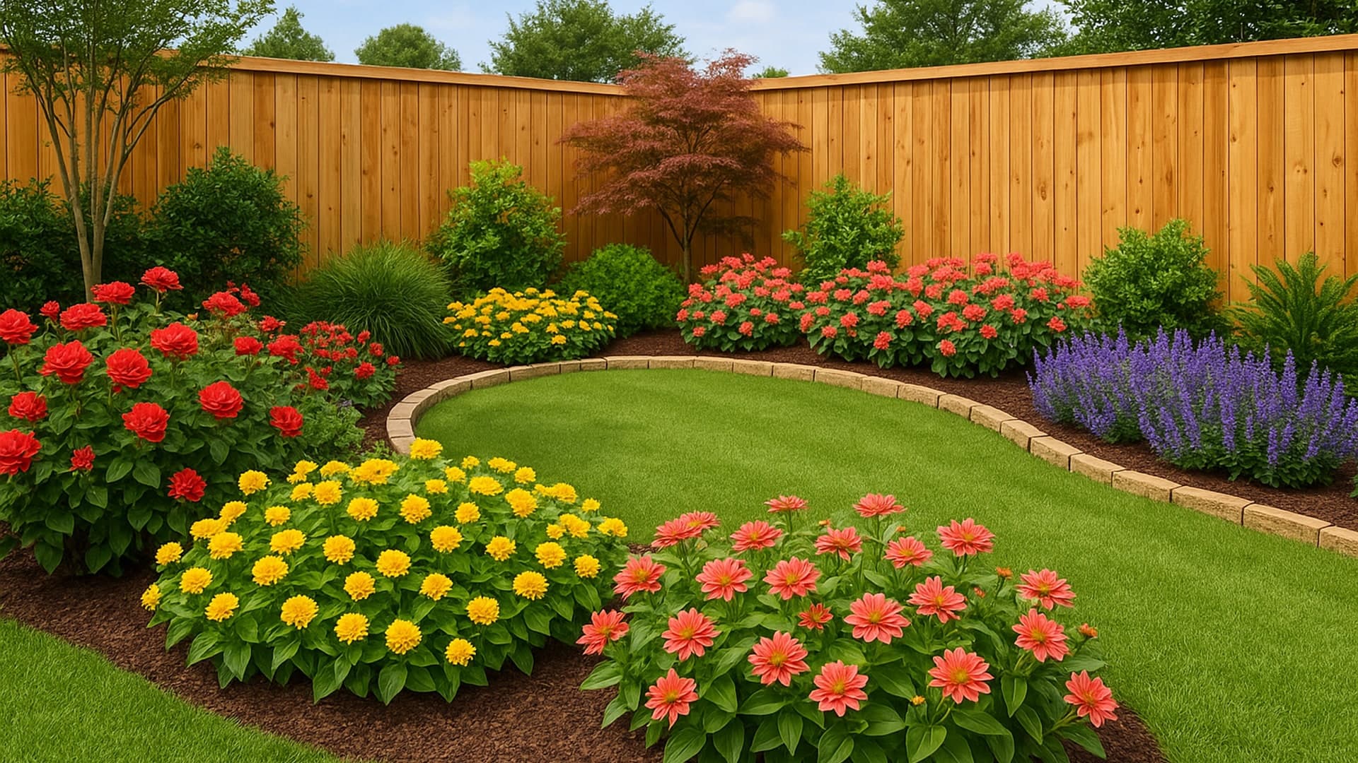 Backyard in Baytown, TX with a wooden fence and flower beds.