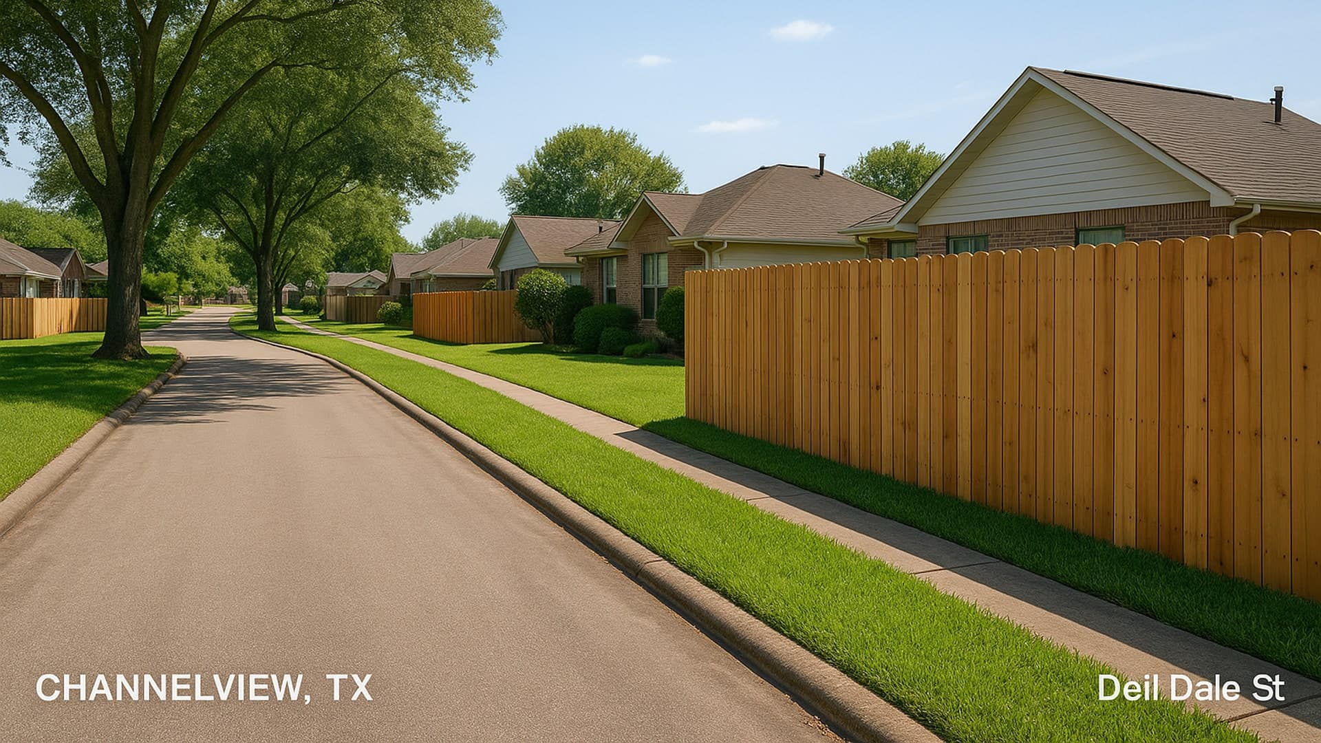 A residential area in Channelview, TX, with properly fenced yards.