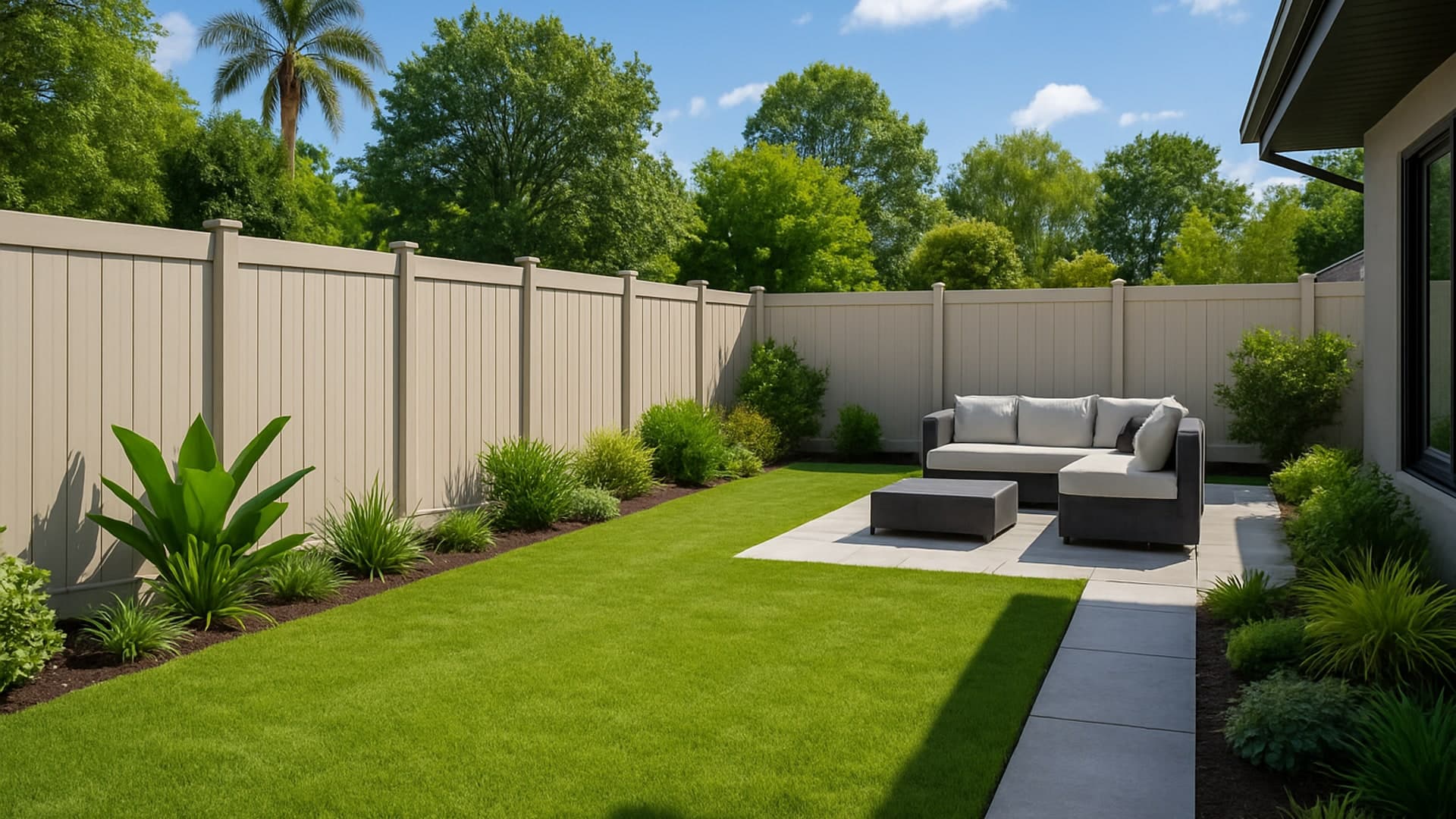 Low-maintenance vinyl fence in a Channelview backyard.