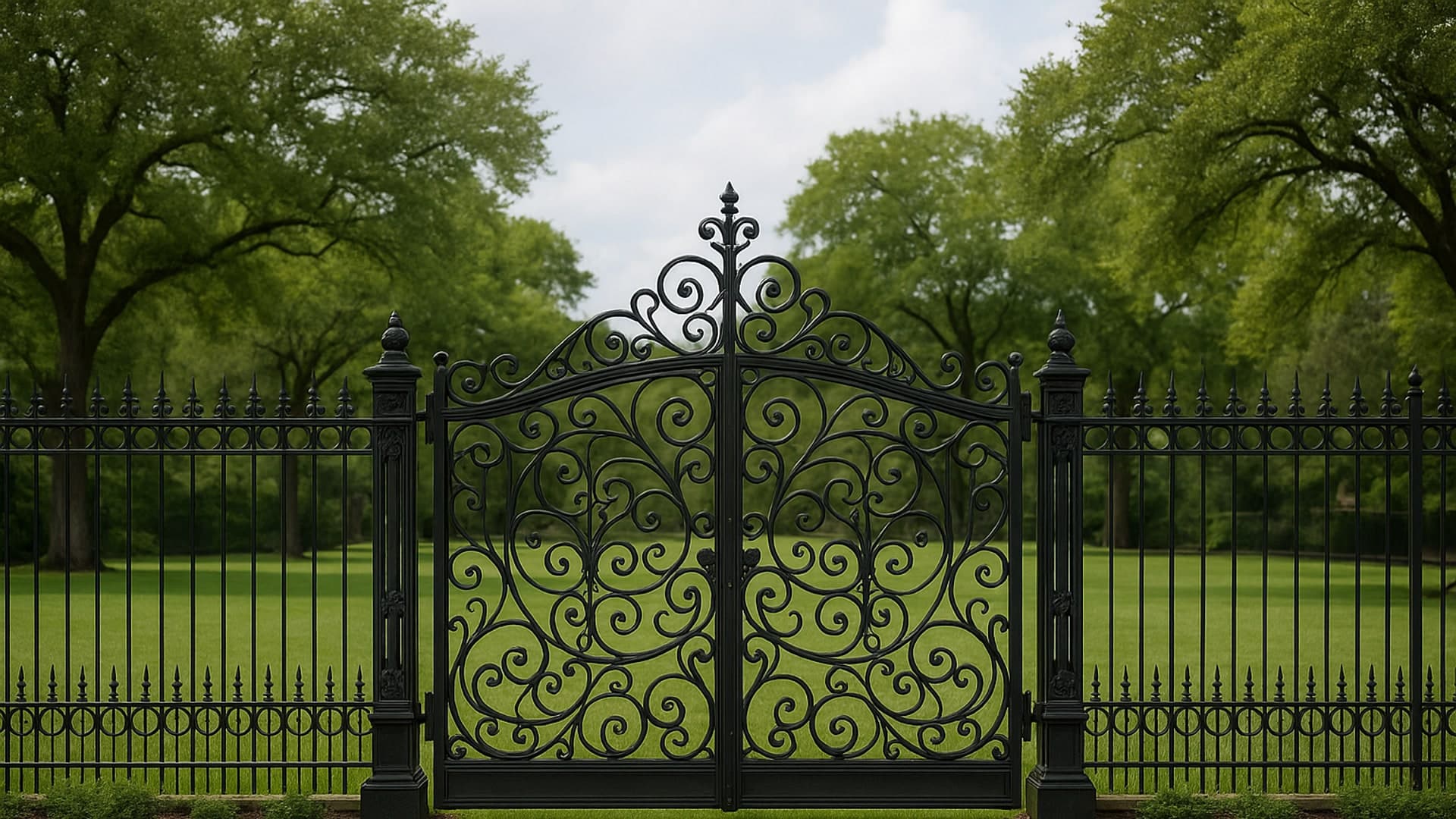 Ornamental iron fence and decorative iron gates in Highlands, TX.