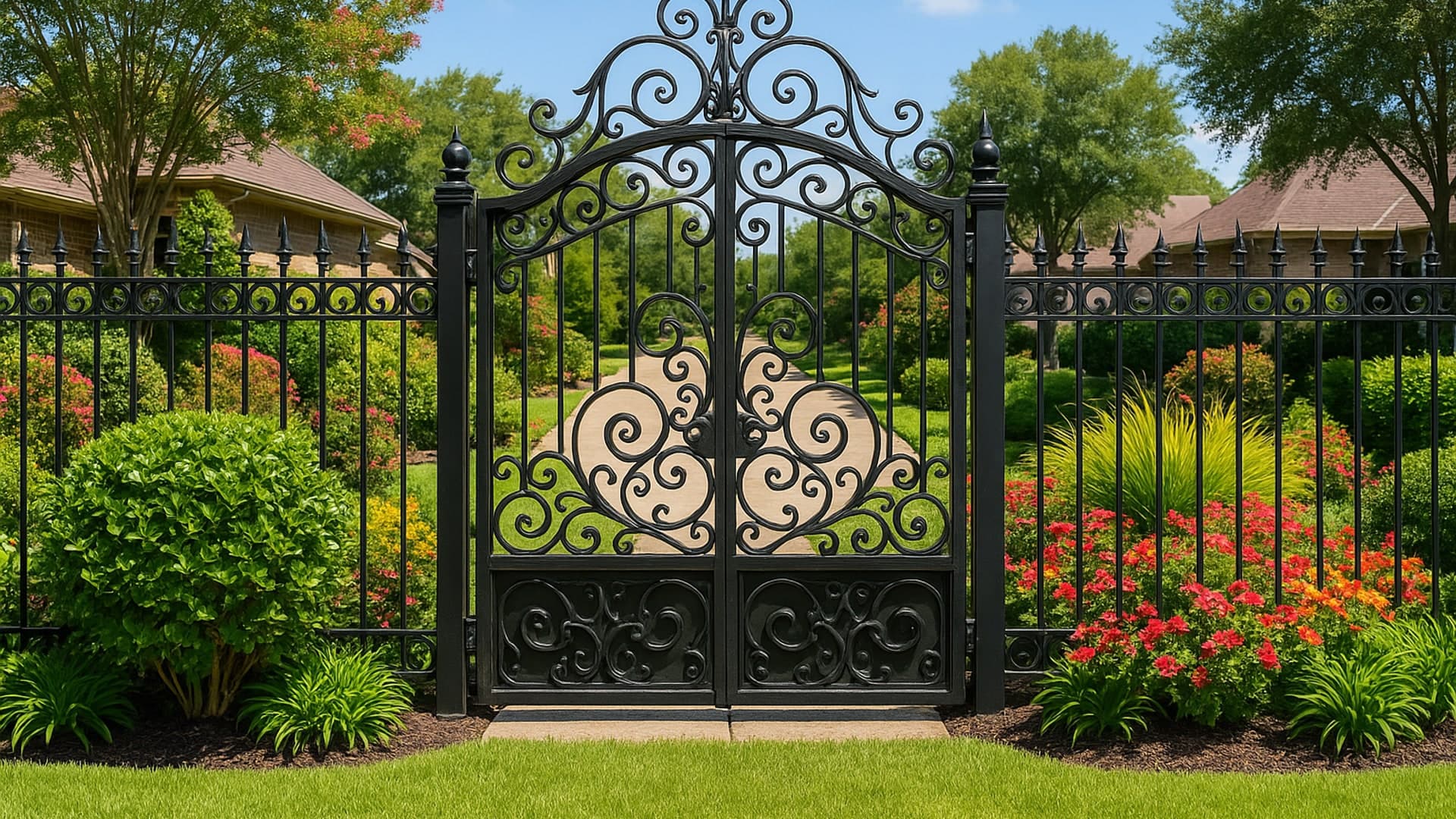 Ornamental iron fence with decorative iron gate in a Channelview neighborhood.