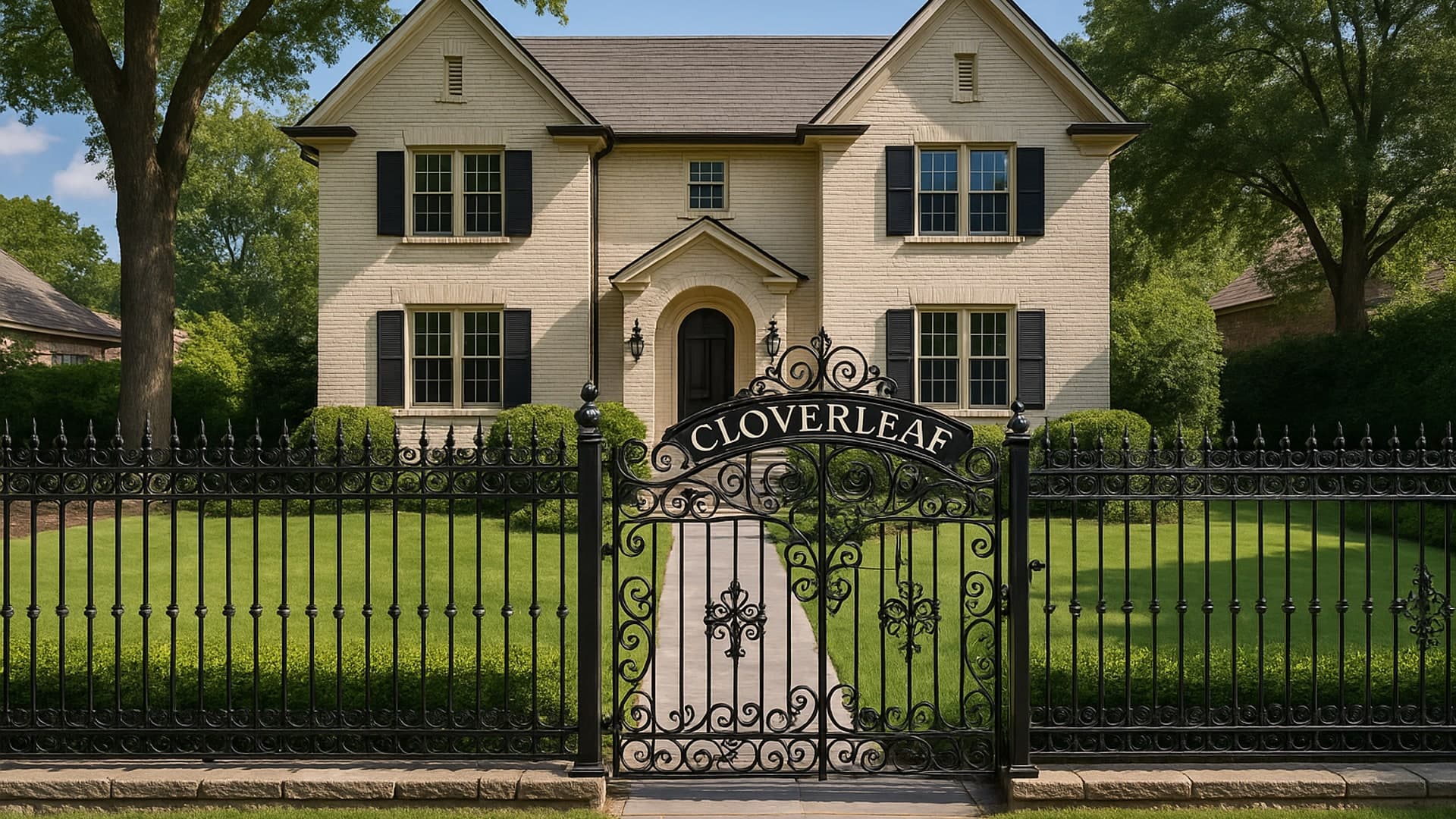 Ornamental iron fence and decorative gate surrounding a Cloverleaf property.