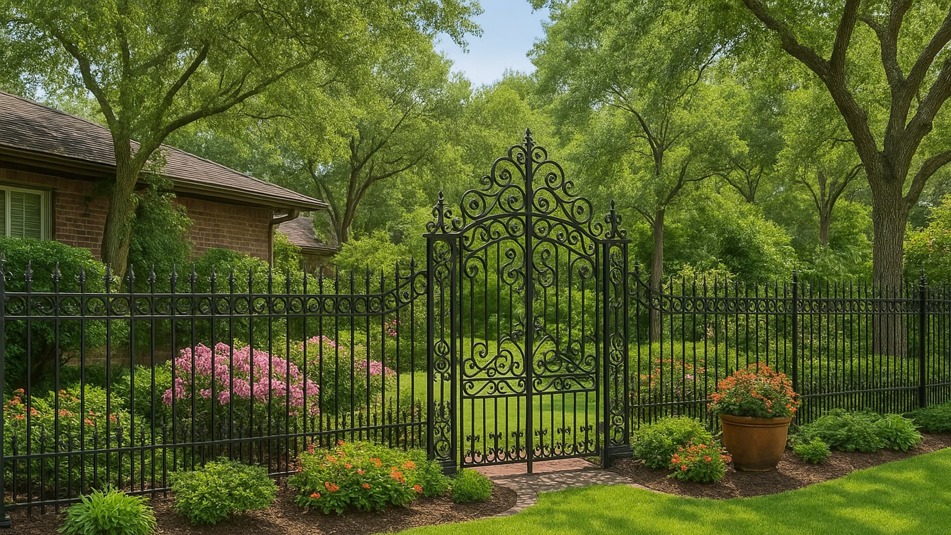 Ornamental iron fence and decorative iron gate in a North Shore residential yard