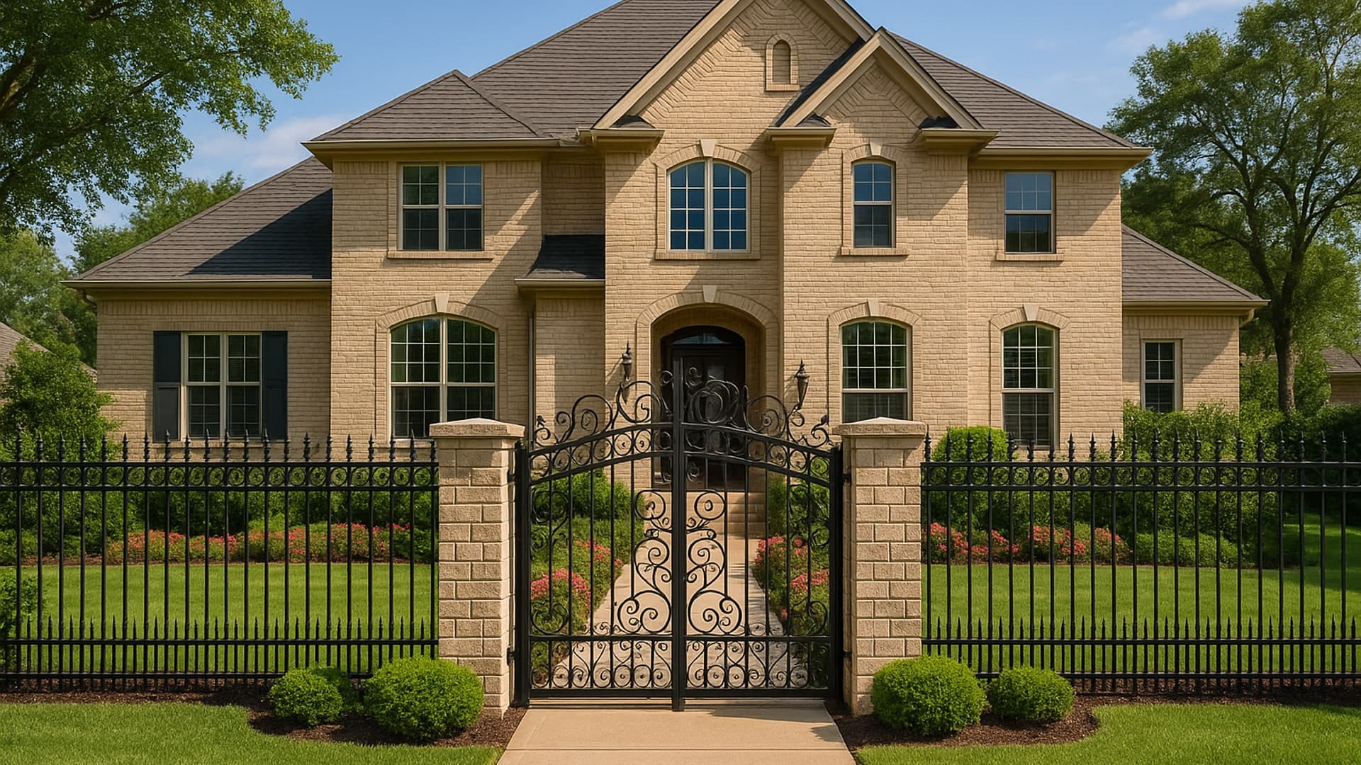 Home in Sheldon, TX with ornamental iron fence and decorative iron gate