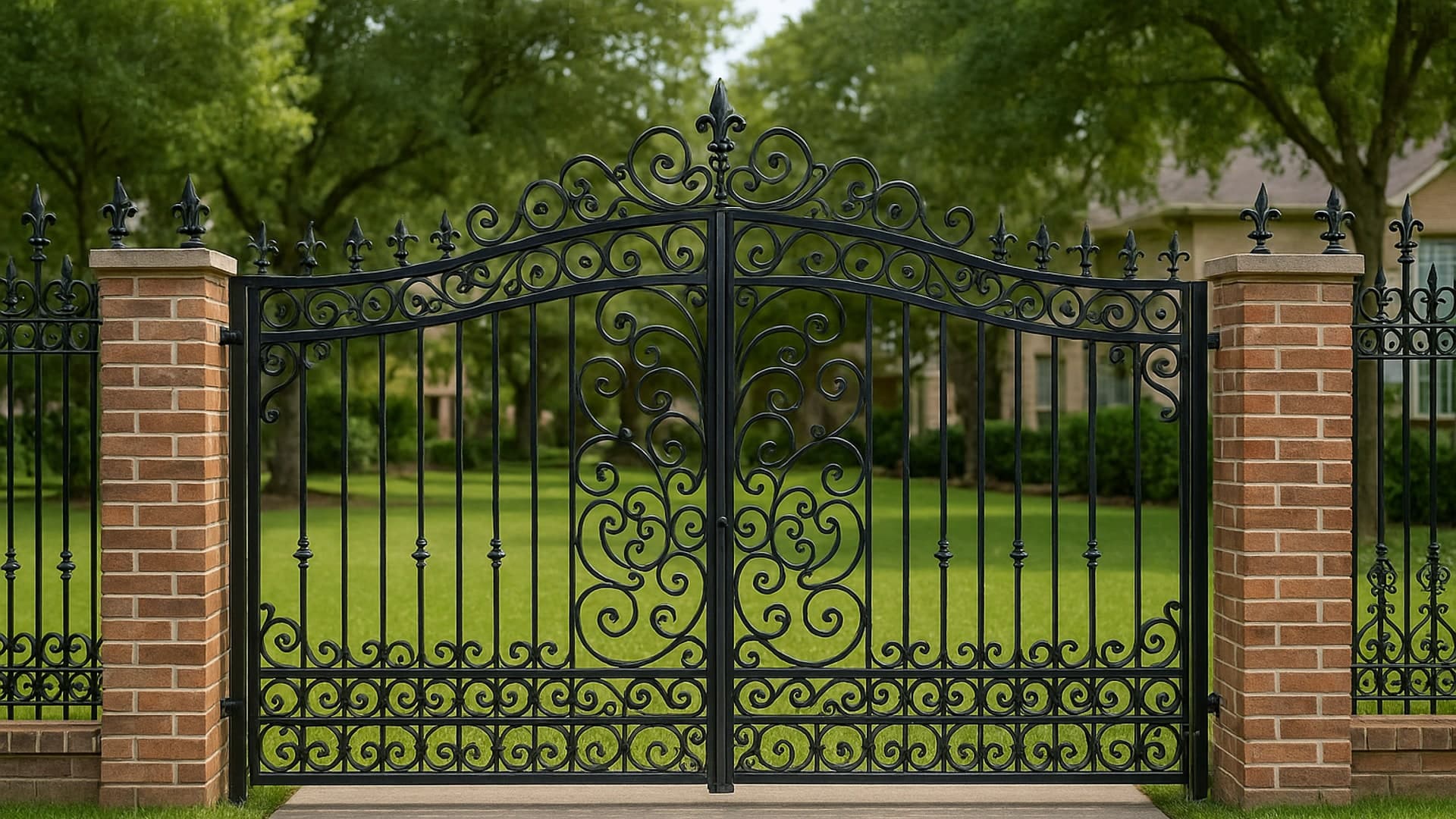 Elegant ornamental iron fence and decorative iron gates in South Houston residential neighborhood.