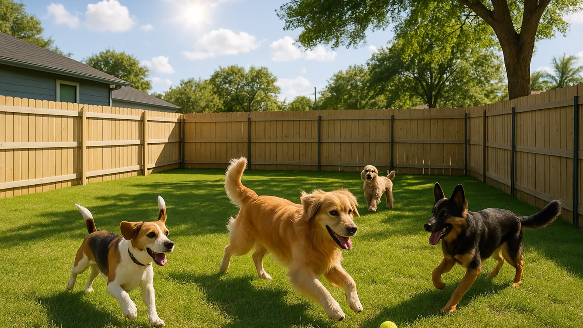 A pet-safe fenced yard in Cloverleaf, TX with dogs playing.