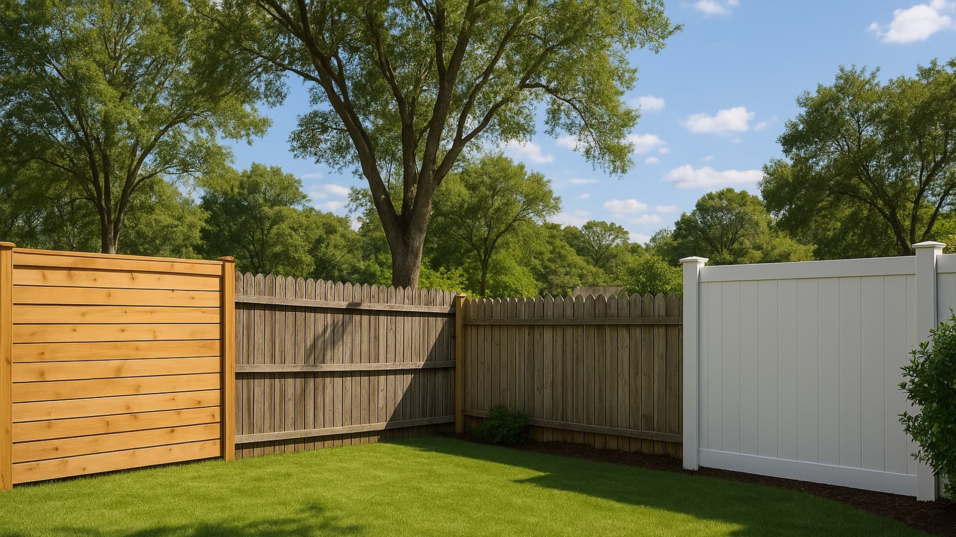 Backyard privacy fence in Highlands, TX with wood and vinyl styles