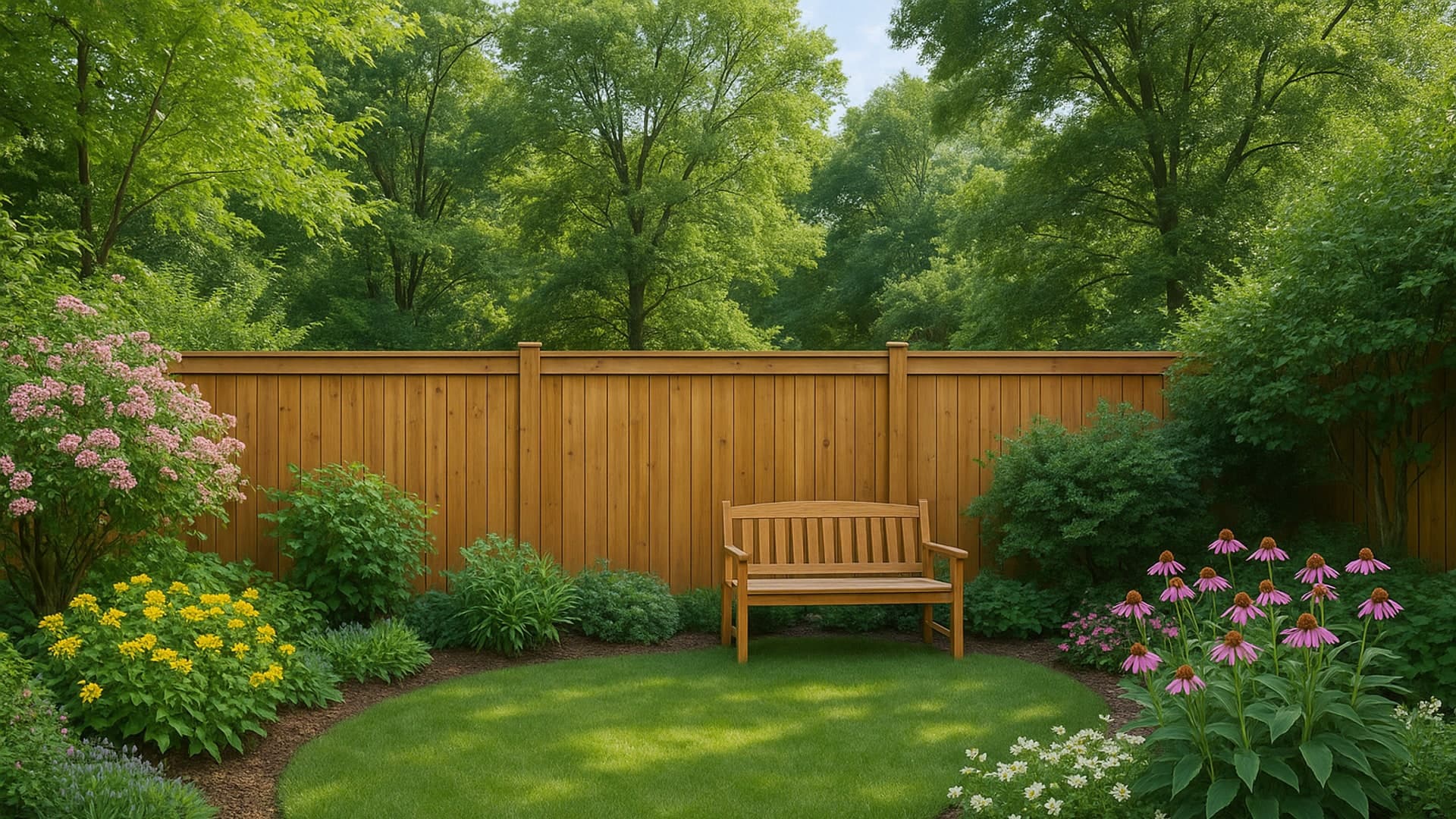 A wooden privacy fence in a vibrant backyard in Channelview.