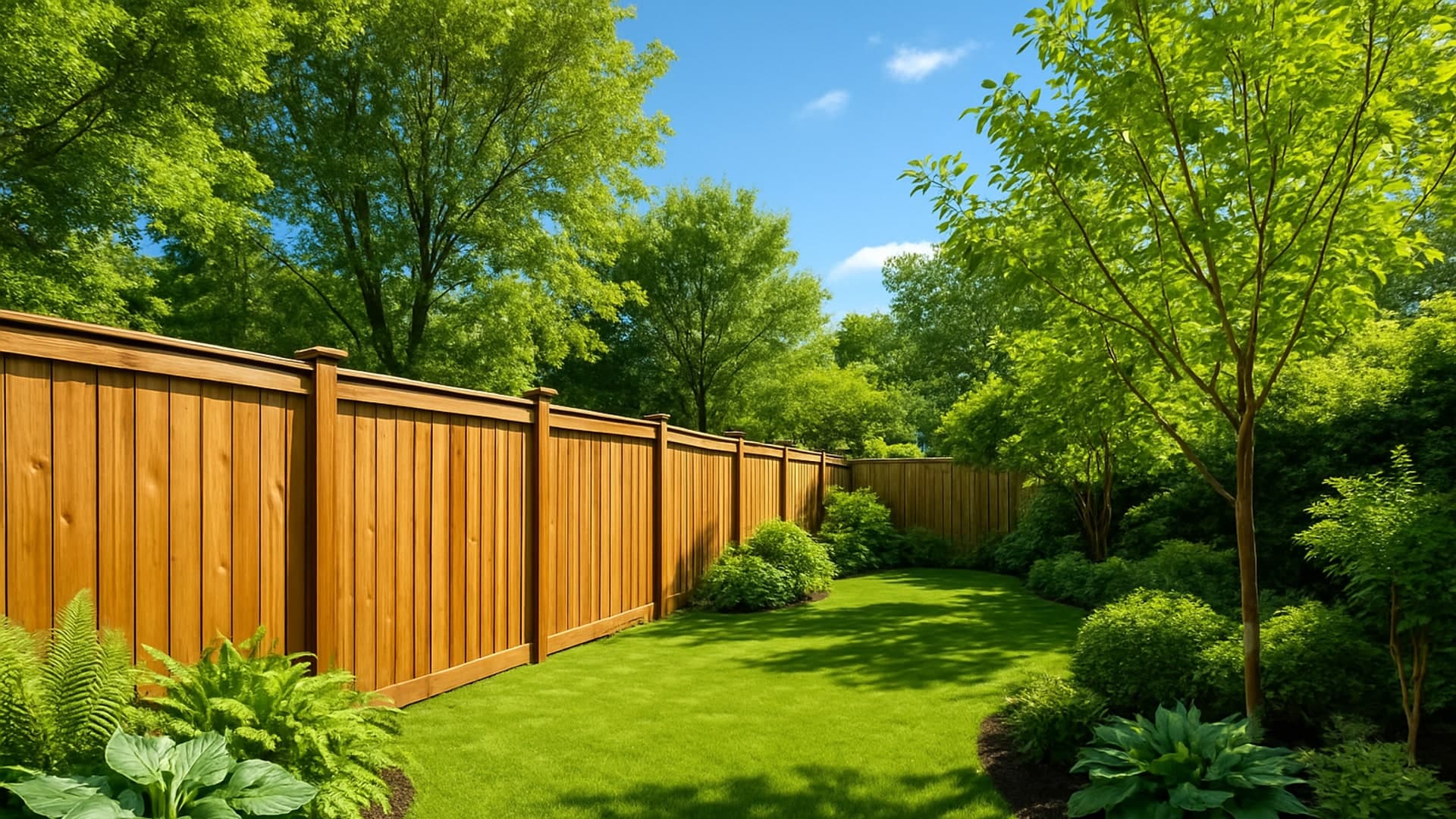 A serene backyard featuring a wooden privacy fence with vibrant plants and flowers.