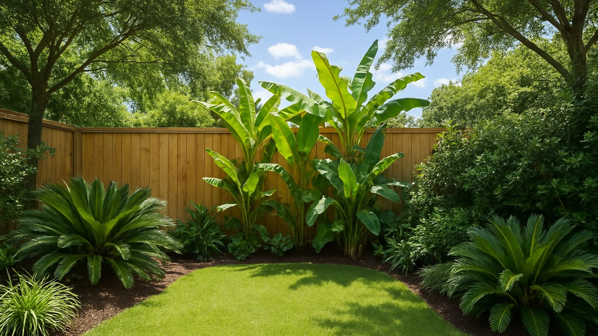 Tranquil backyard with a tall privacy fence and greenery in La Porte, TX.