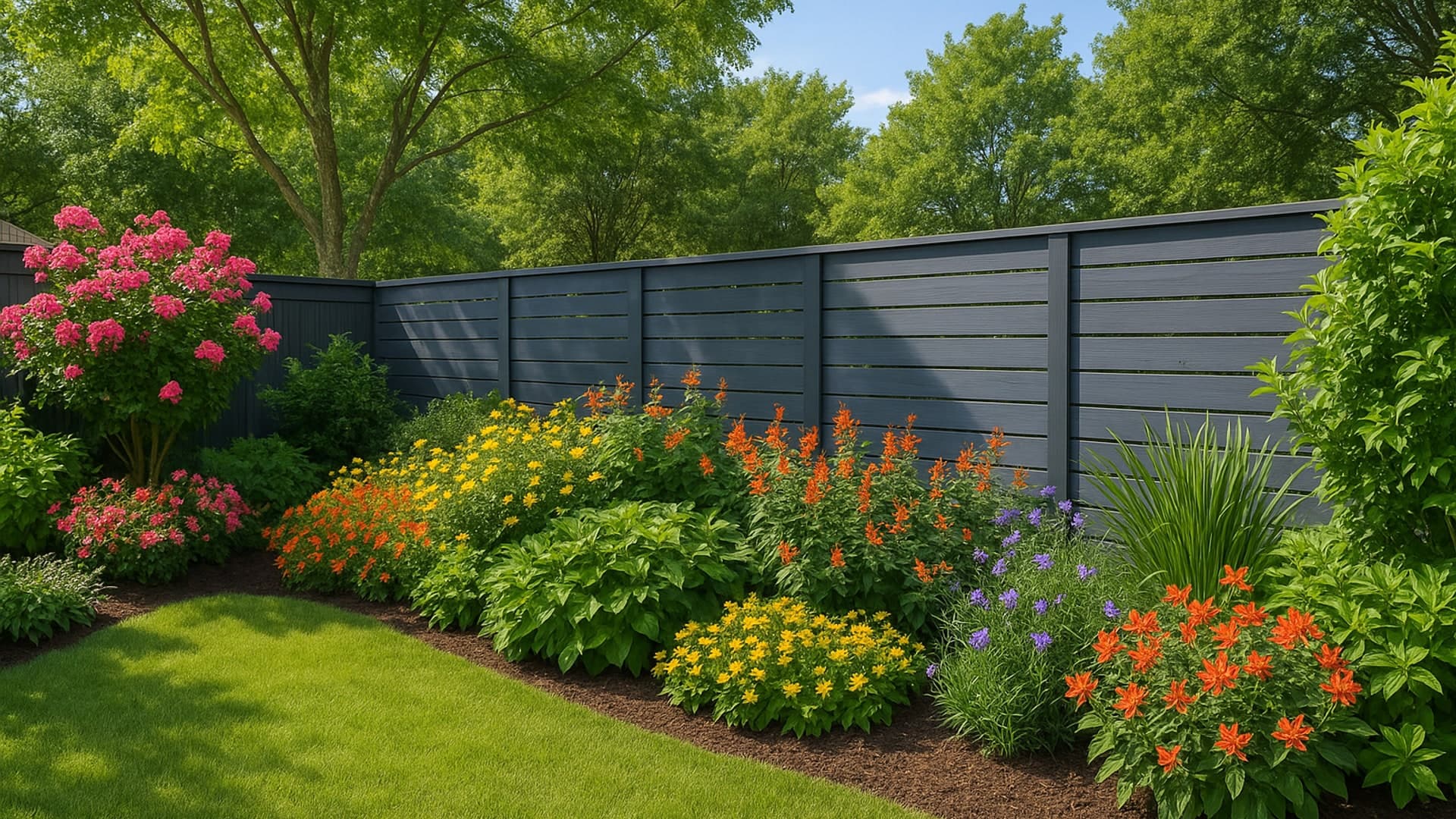 A privacy fence in a North Shore backyard with blooming plants.