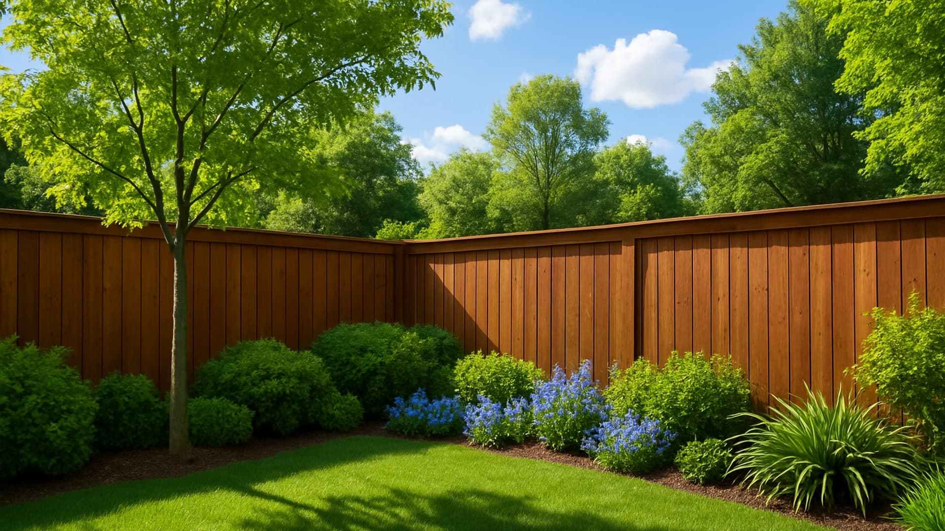 Backyard with a wooden privacy fence and lush greenery in Pasadena, TX.