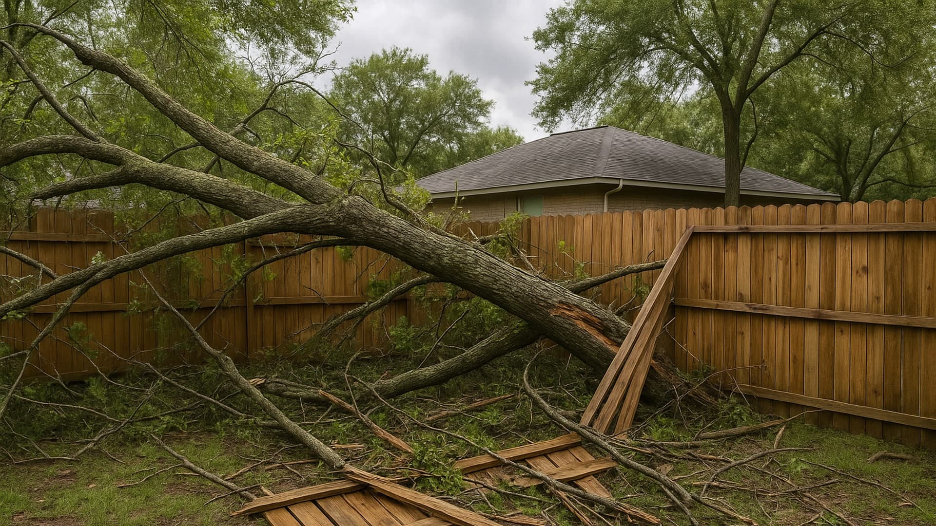Storm-damaged fence needing repair in Baytown, TX.