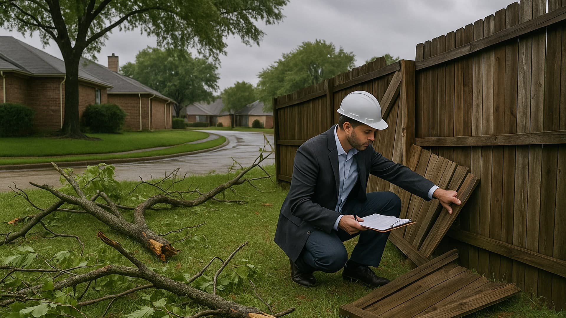 Storm-damaged wooden fence in Cloverleaf neighborhood