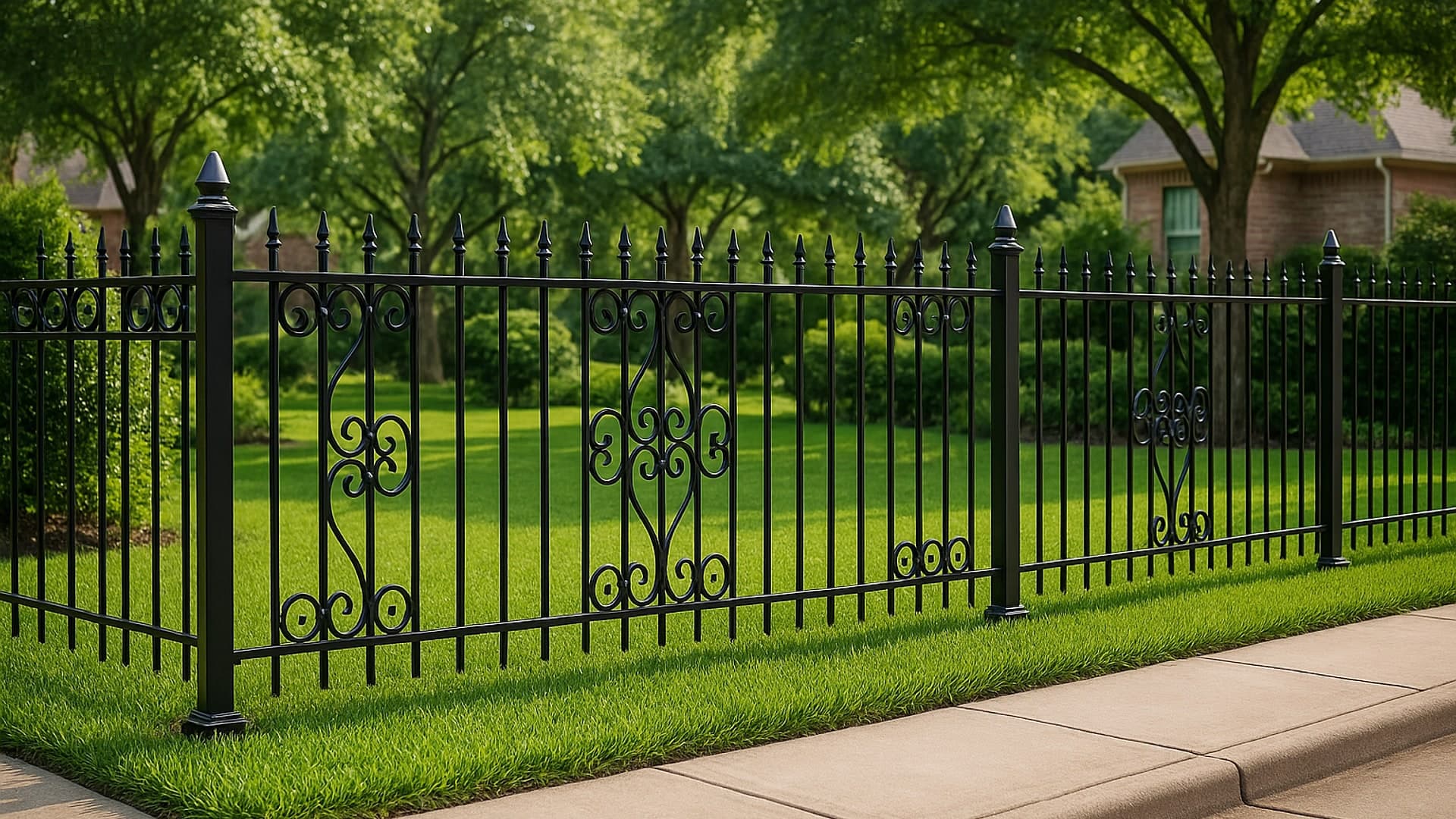 Wrought iron fence in Atascocita, TX with green landscape.