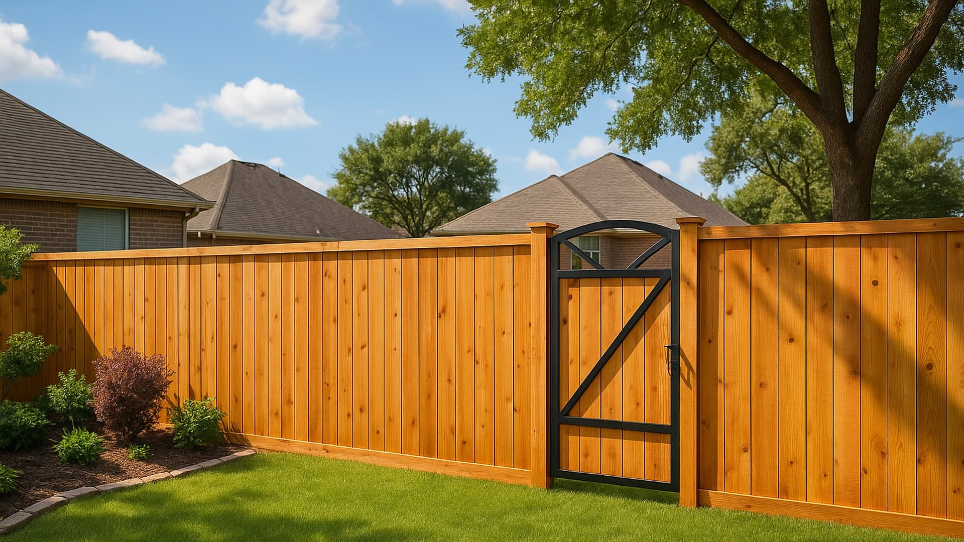 Beautiful cedar fence in Atascocita, TX, with a charming fence gate.