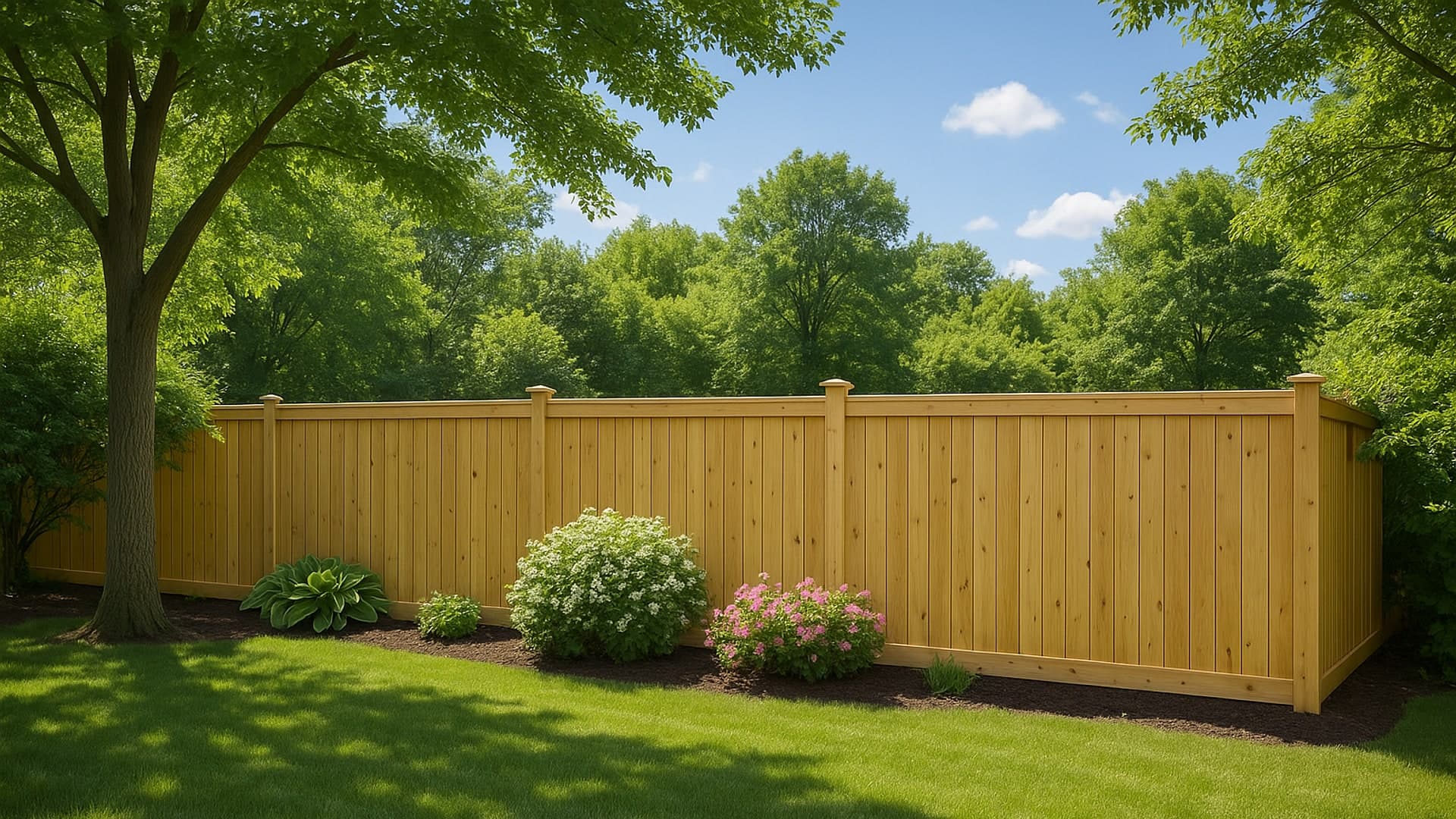 Backyard with a newly installed cedar privacy fence in Barrett, TX