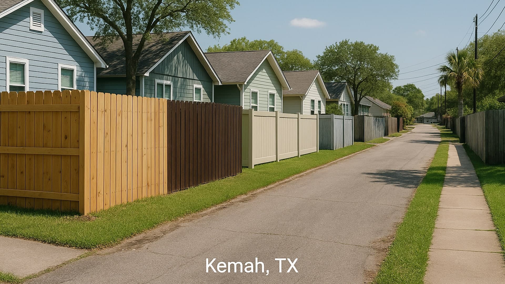 Residential street in Kemah, TX with privacy fences