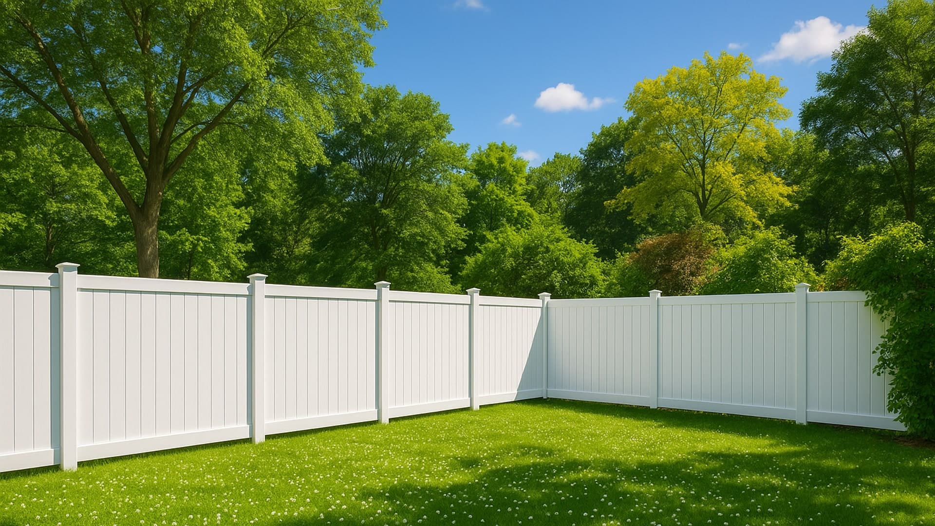 A new white vinyl fence enhancing a Cloverleaf backyard with greenery.