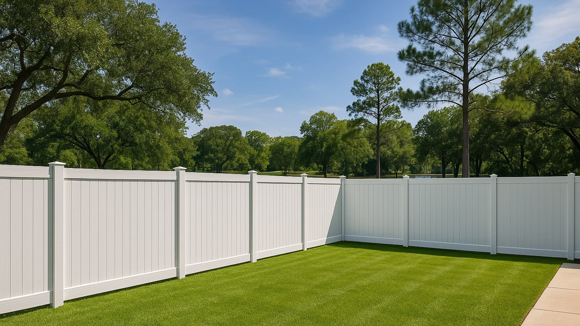 Vinyl fence with a lush green backyard in La Porte, TX.
