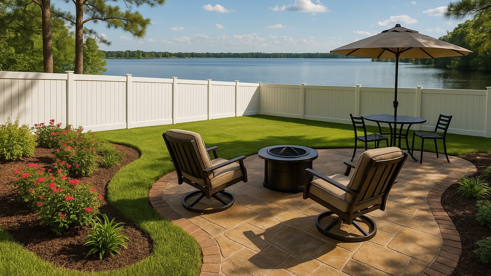 Vinyl fence in a backyard by Lake Houston