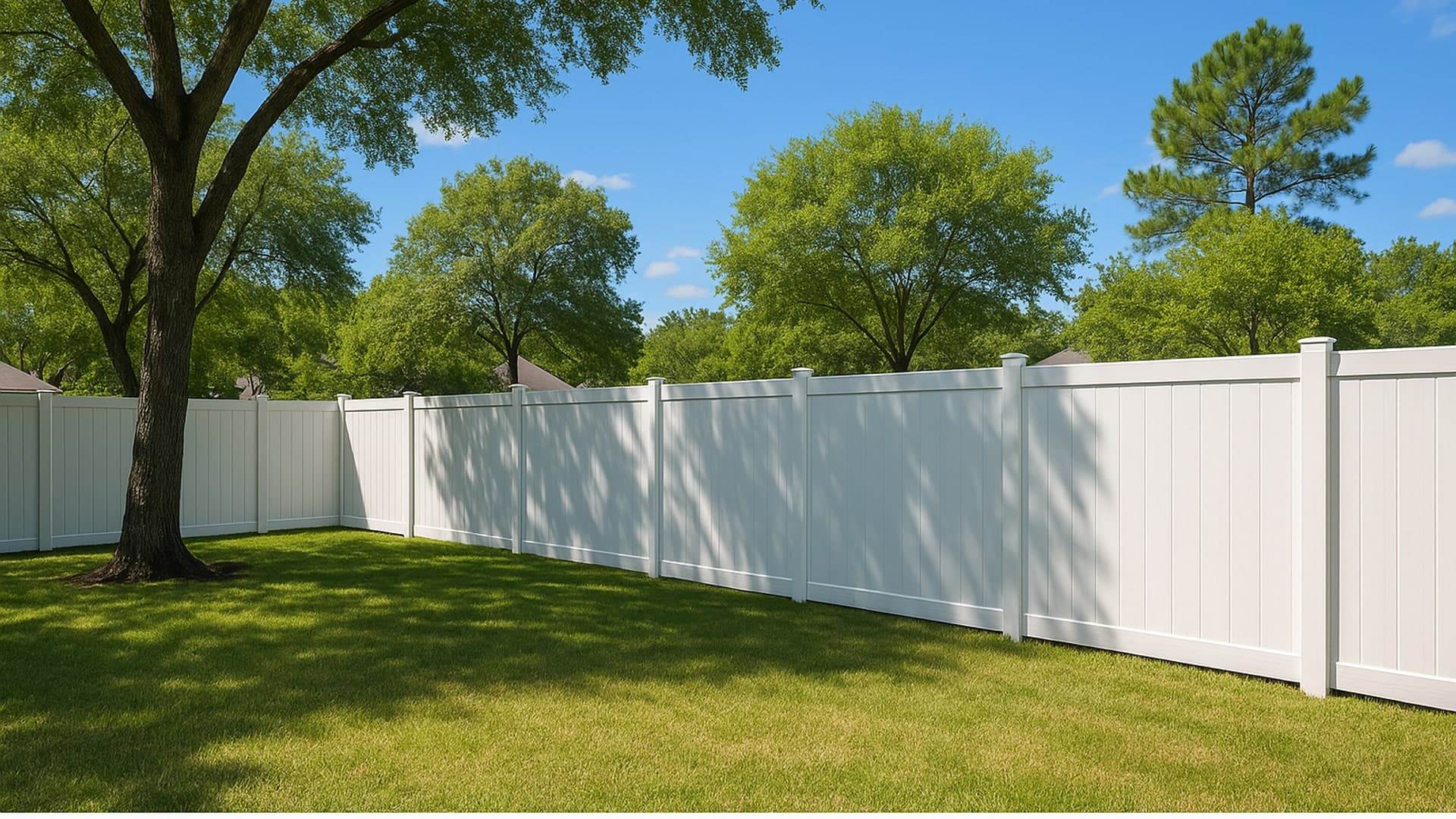 Newly installed vinyl fence in a backyard in South Houston, TX.